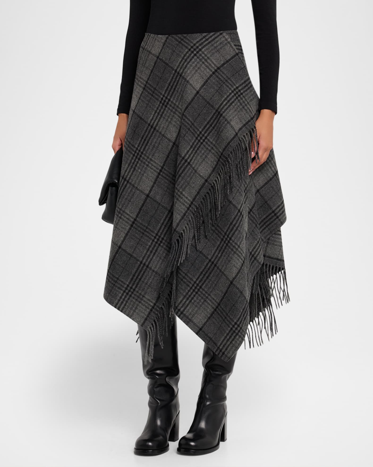 Fringed Plaid Wrap Midi Skirt