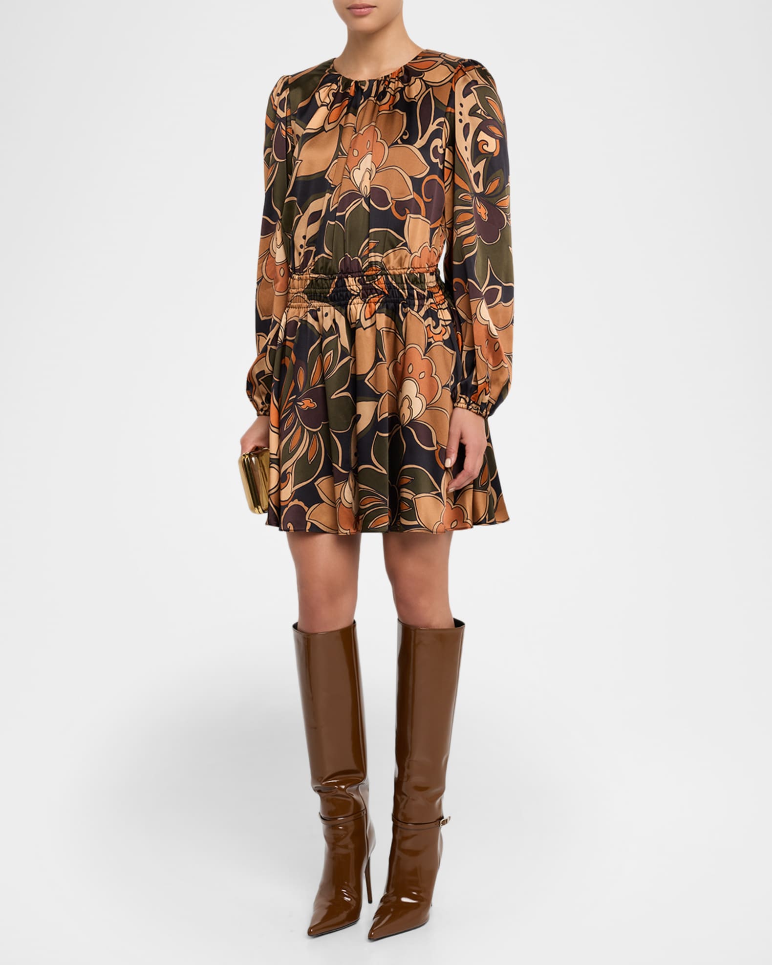 Ramy Brook Gloria Printed Silk Long Sleeve Mini Dress in Brown Floral - S