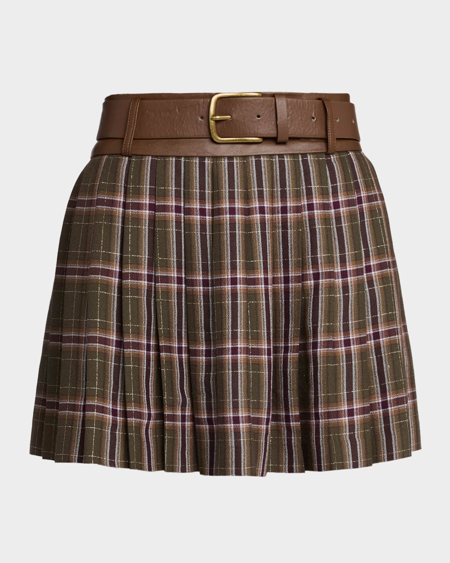 Ramy Brook Derrick Pleated Plaid Belted Mini Skirt | Neiman Marcus