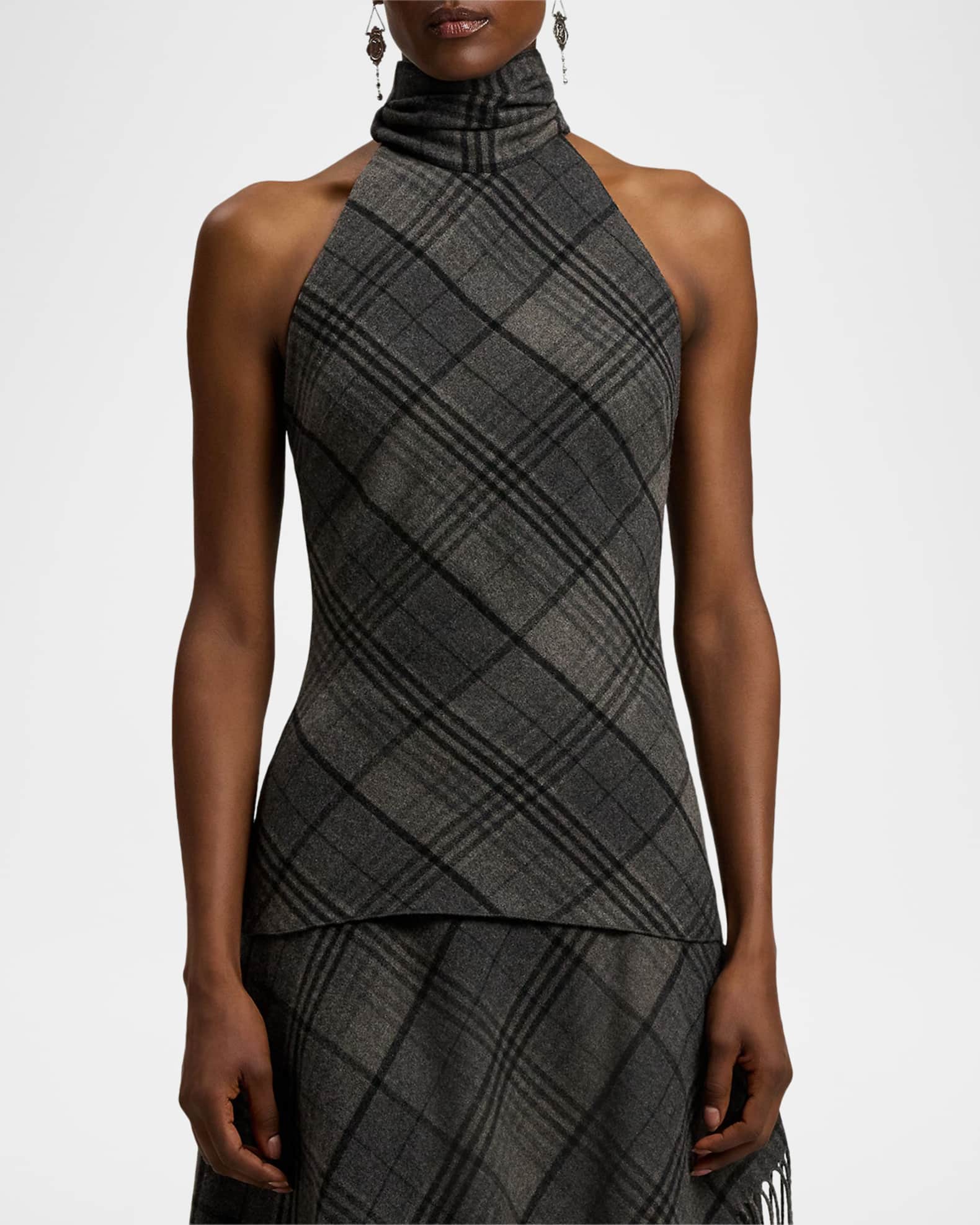 Ralph Lauren Collection Plaid Mock-Neck Halter Top | Neiman Marcus