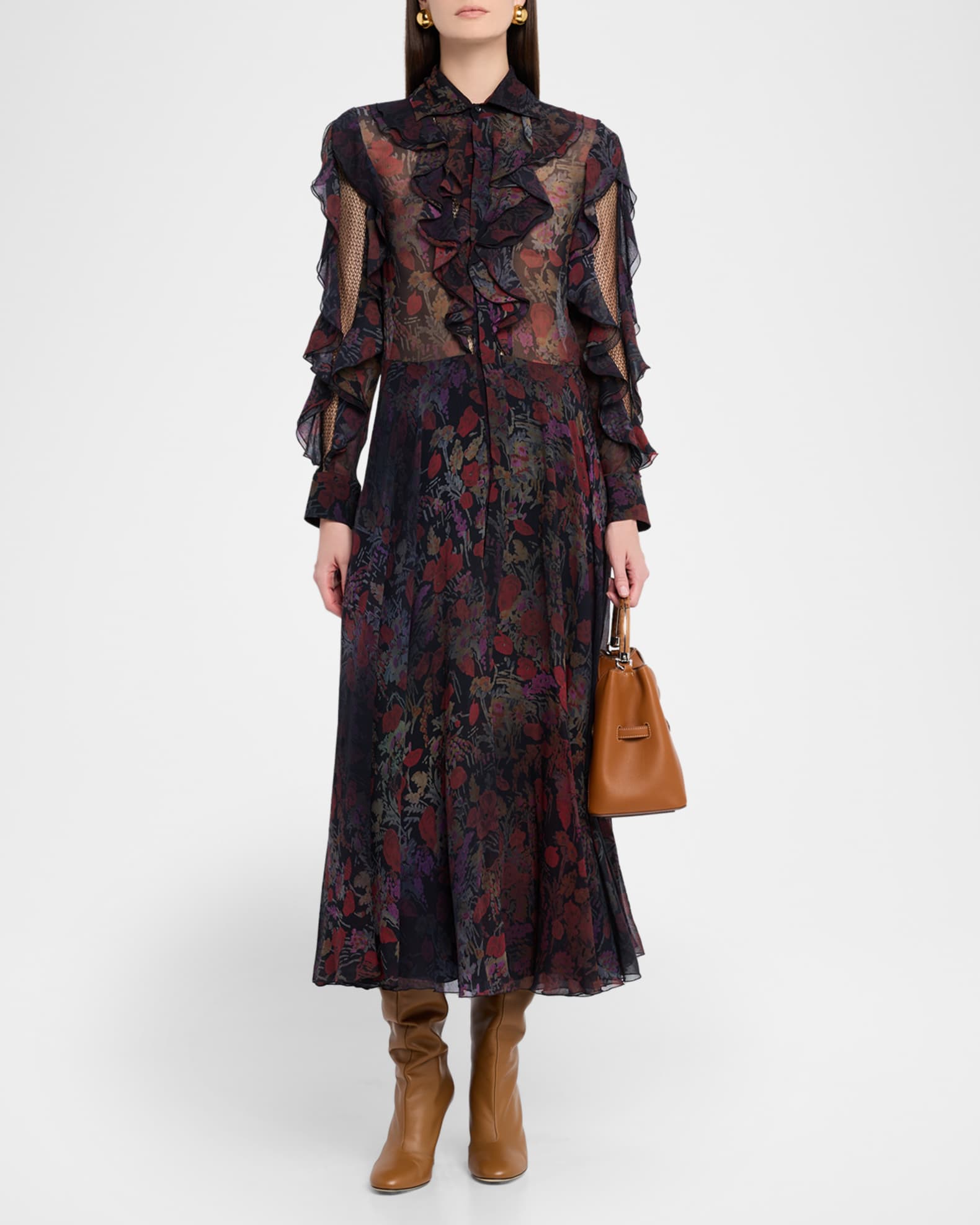 Ralph Lauren Women's Melony Floral Crinkle Chiffon Day Dress - Size 14 in Black/Crimson Multi