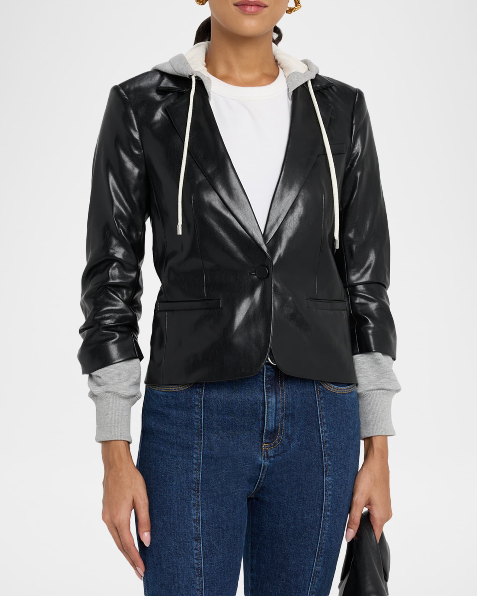 Cinq a Sept Hooded Vegan Leather Combo Blazer | Neiman Marcus