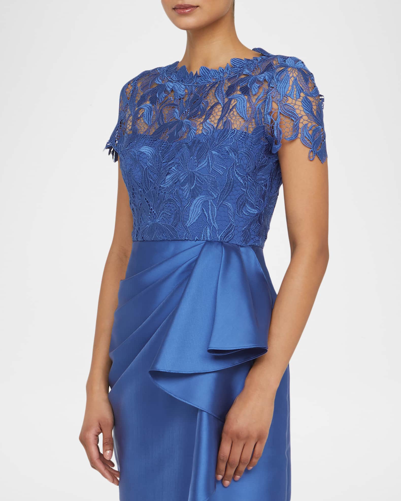 Theia Selena Draped Floral Lace & Mikado Column Gown | Neiman Marcus