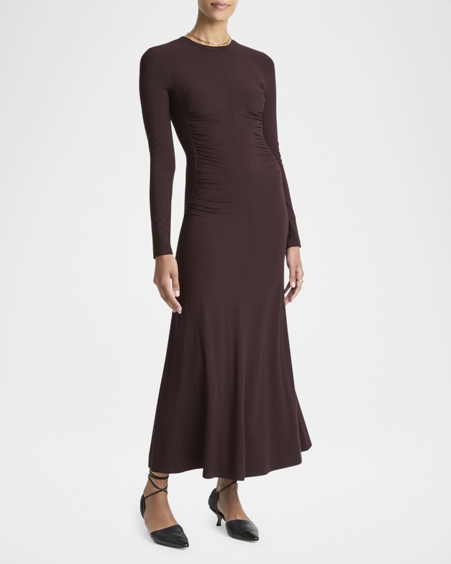 Women's Ruched-seam Long-Sleeve Dress, Dark Fig, Size L | Vince