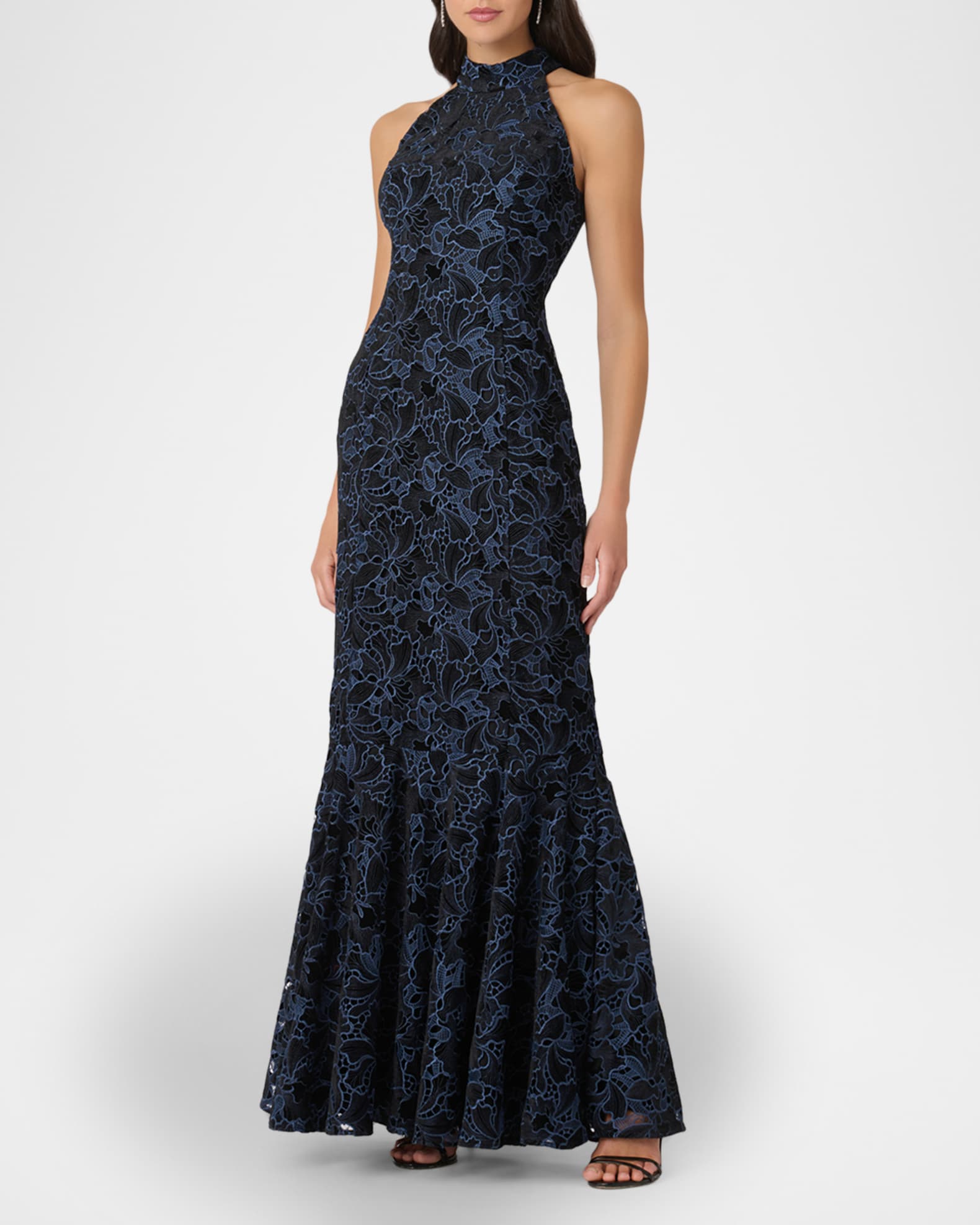 Shoshanna Marcia Velvet Floral Lace Halter Gown Neiman Marcus