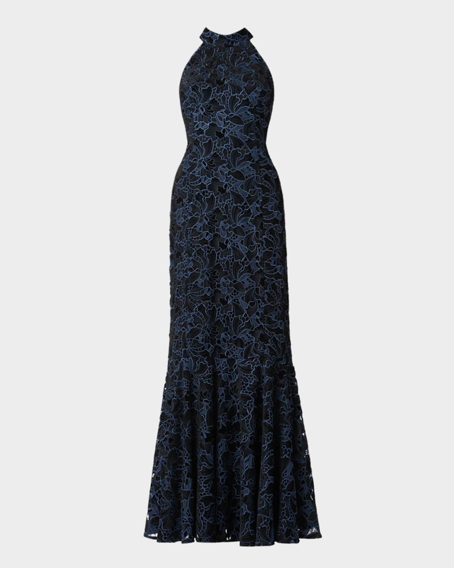 slim fit dress slacks White Halter Neck Tonal Floral Lace Dress