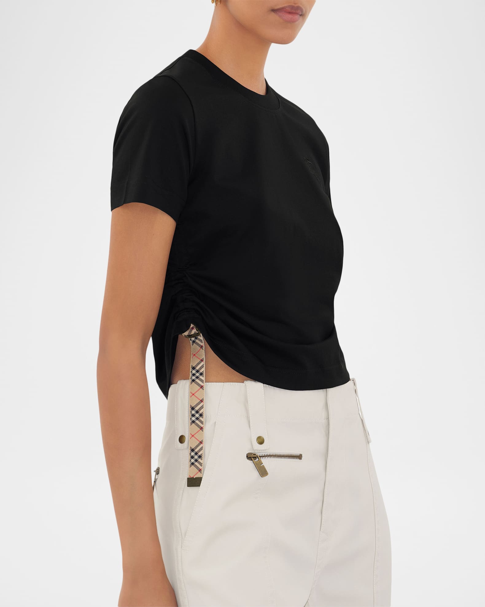 Burberry Check-Tie Ruched Short-Sleeve Crop T-Shirt | Neiman Marcus