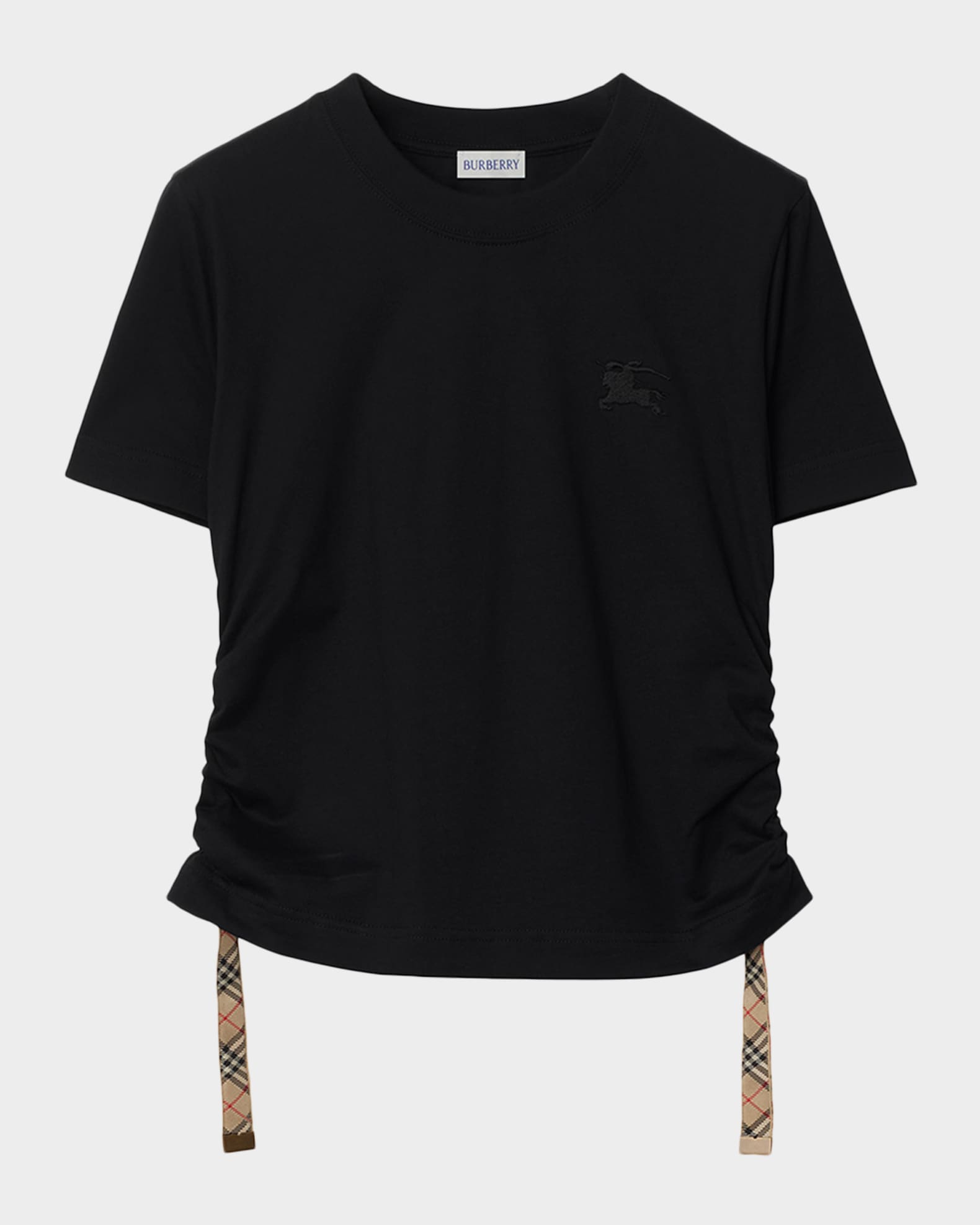 Burberry Check-Tie Ruched Short-Sleeve Crop T-Shirt | Neiman Marcus