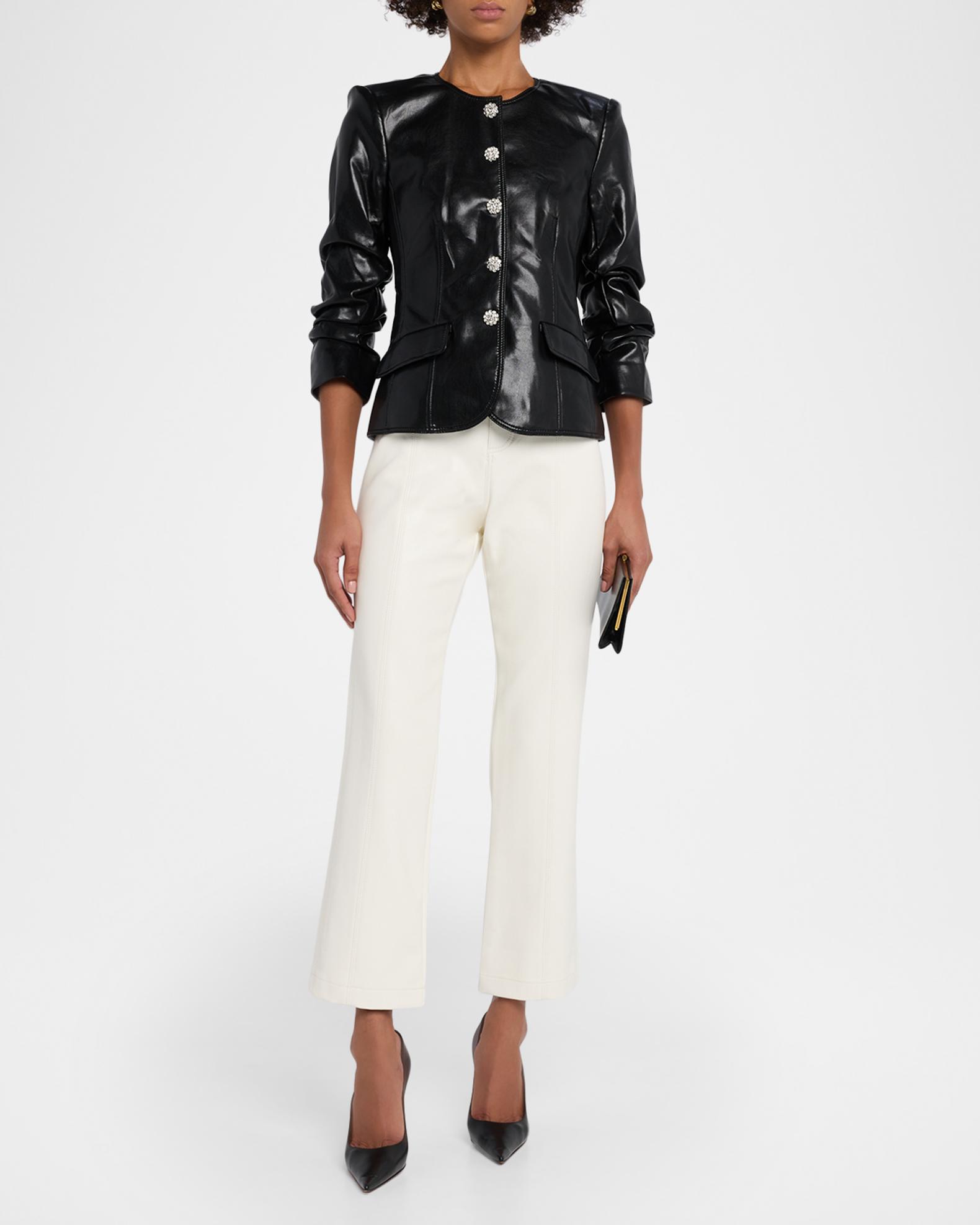 Veste Moto Cuir Ulla Johnson Noire Brodée Rose - Taille S - Neuf Sans étiquettes (échantillon Presse)