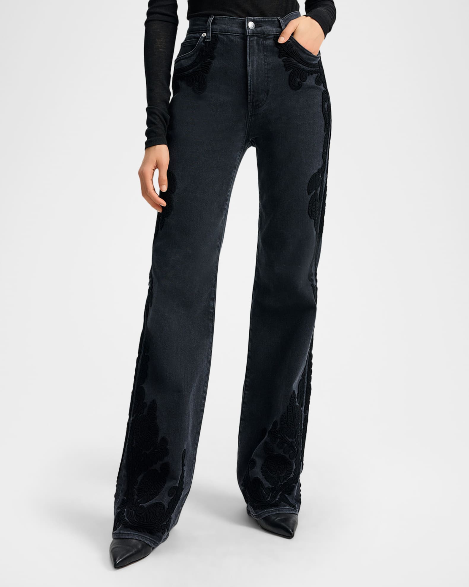 Veronica Beard Crosbie Embroidered Slim Wide-Leg Jeans | Neiman Marcus