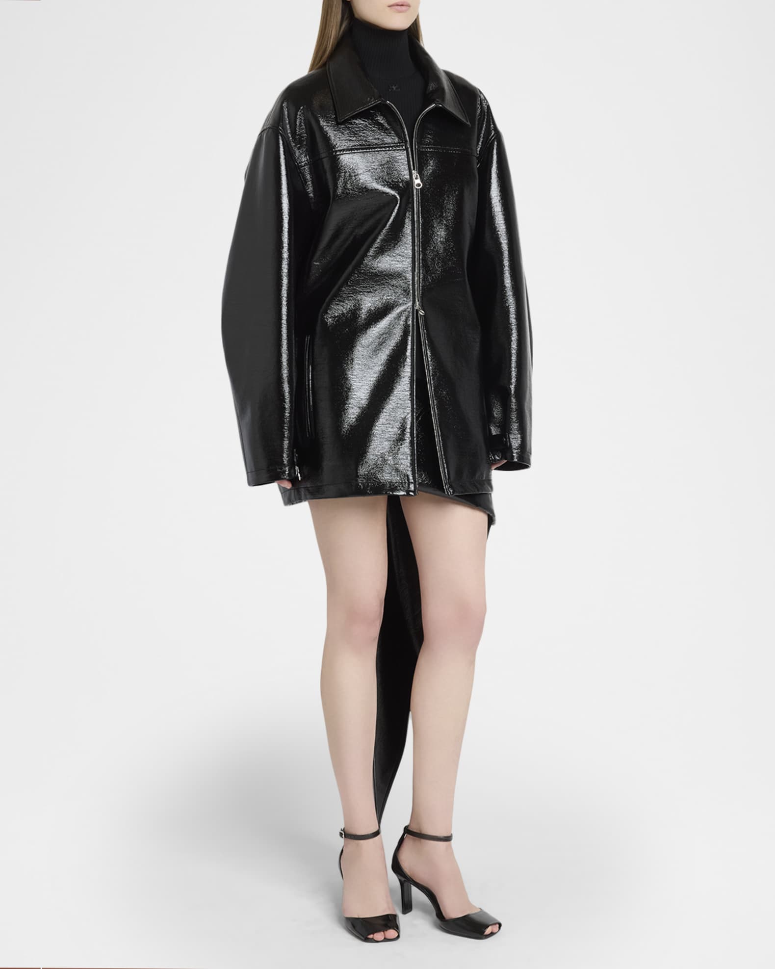 Courrèges ブラックレザーコート 38 Courreges Zipped Vinyl Jacket | Neiman Marcus
