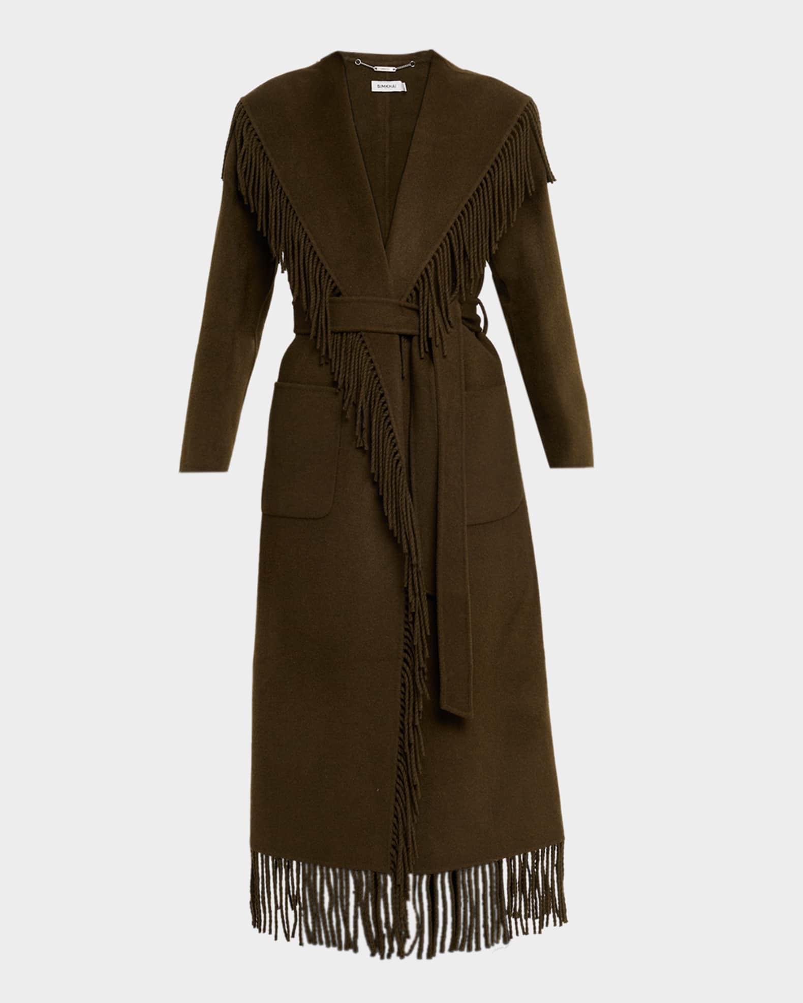 SIMKHAI Carrie Fringe Wool Long Coat | Neiman Marcus
