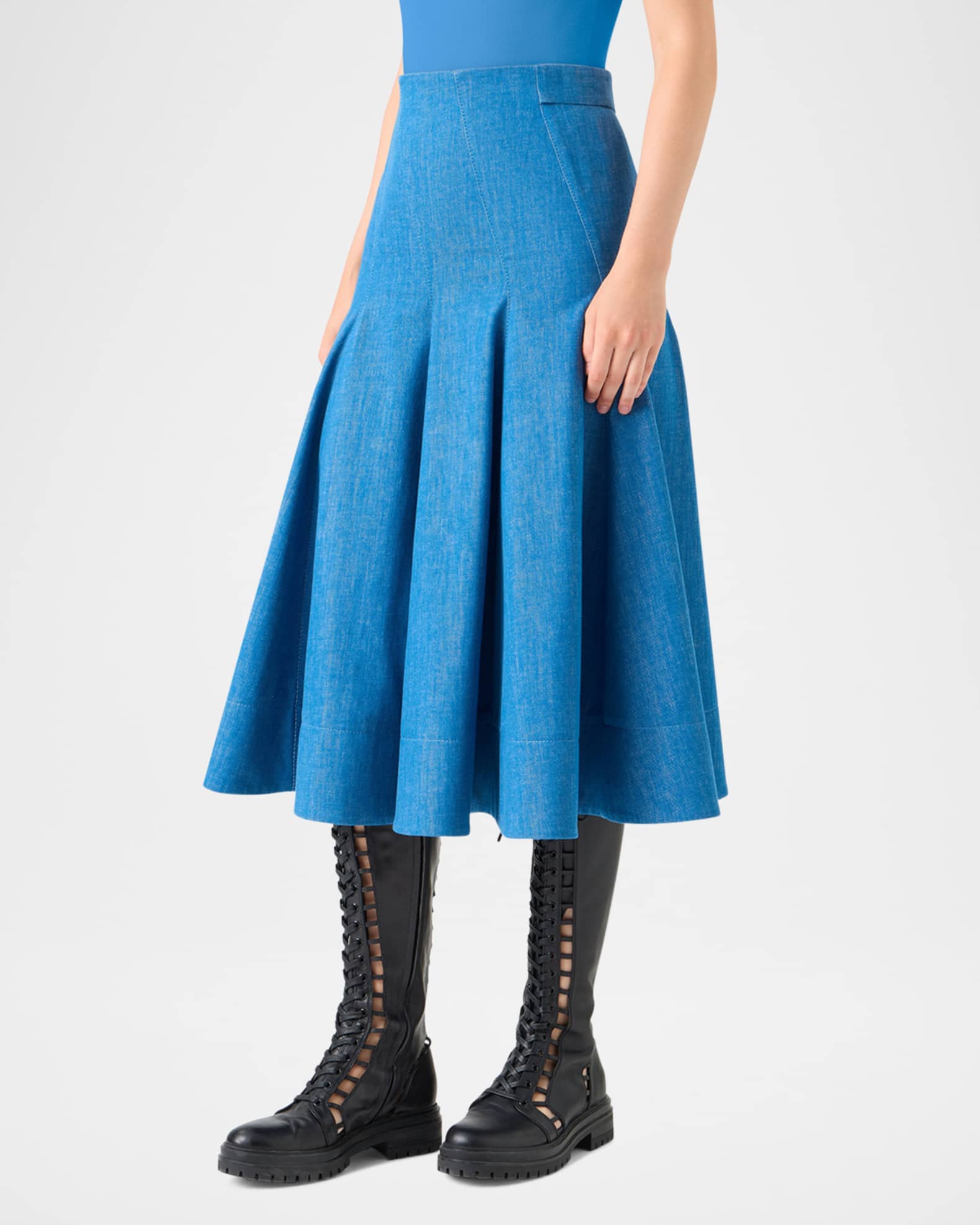 Akris Pleated Stretch Denim Midi Skirt | Neiman Marcus