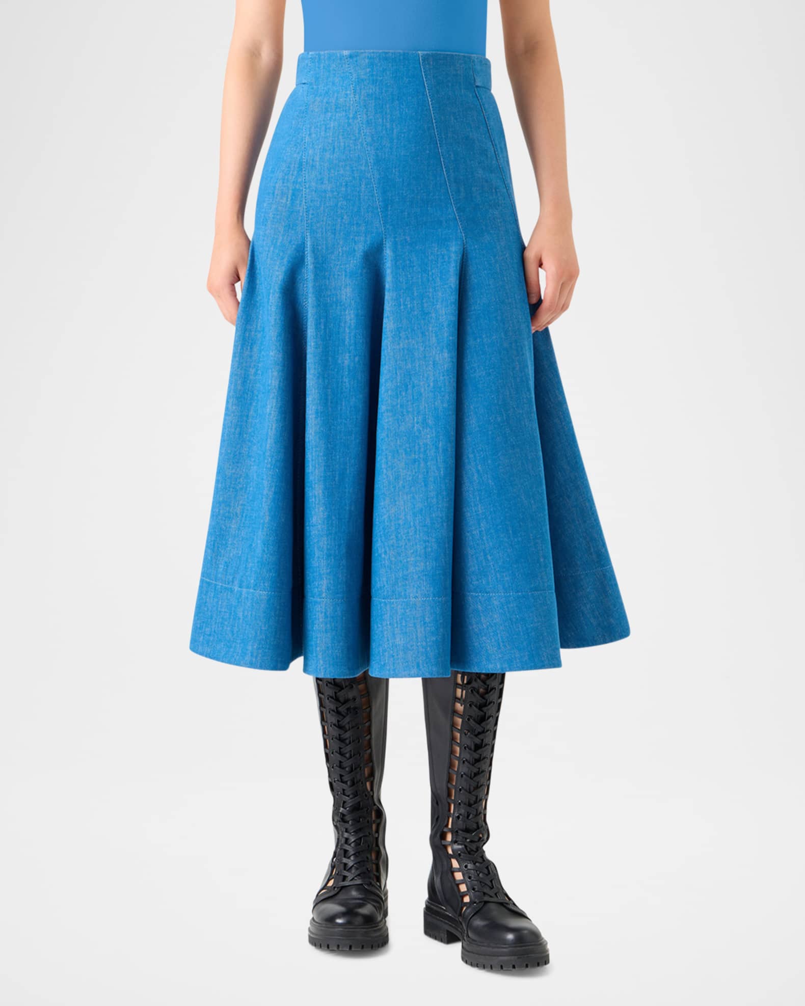 Akris Pleated Stretch Denim Midi Skirt | Neiman Marcus