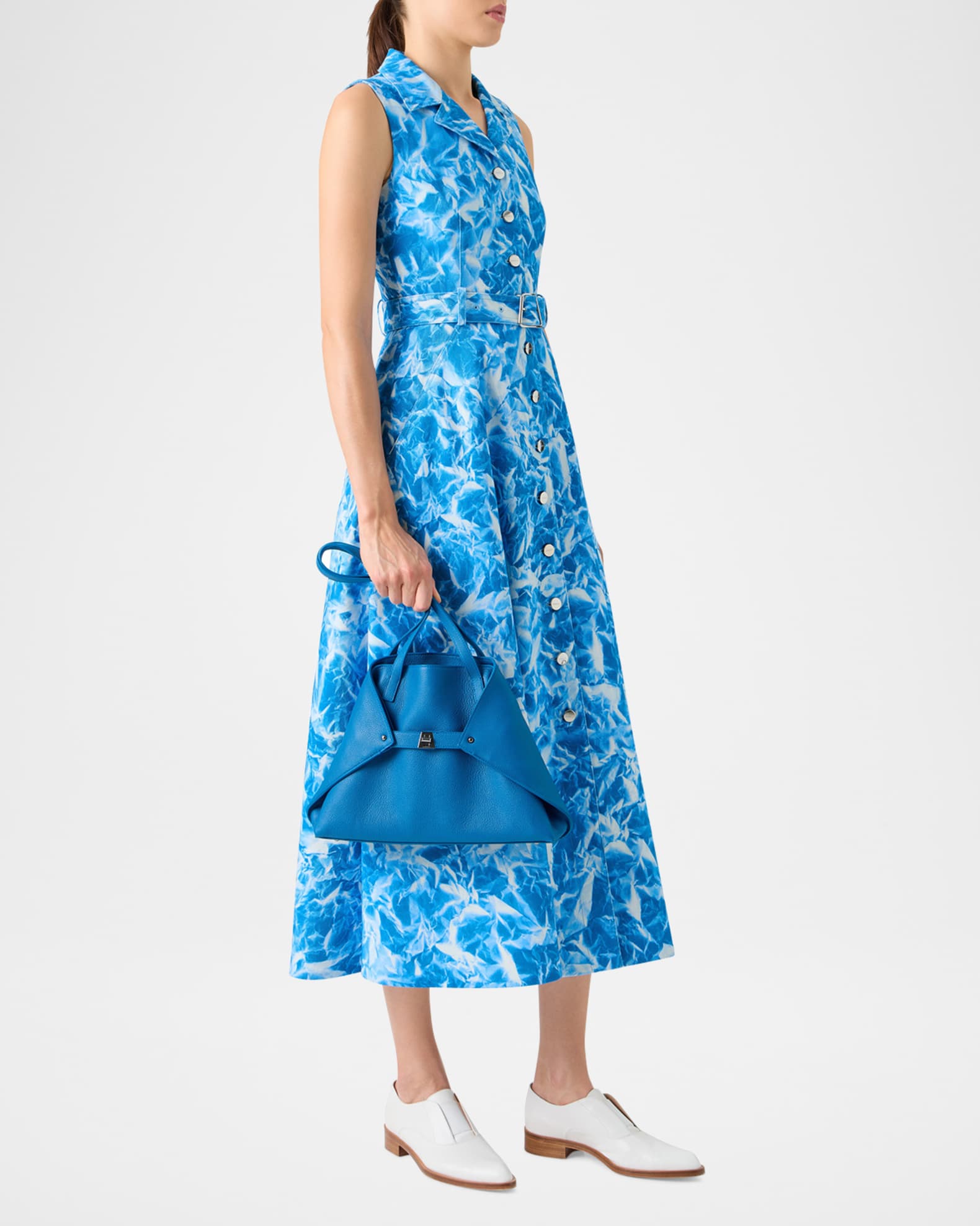 Akris Women's Whitecaps Belted Godet Denim Shirtdress - Blue - Casual Dresses