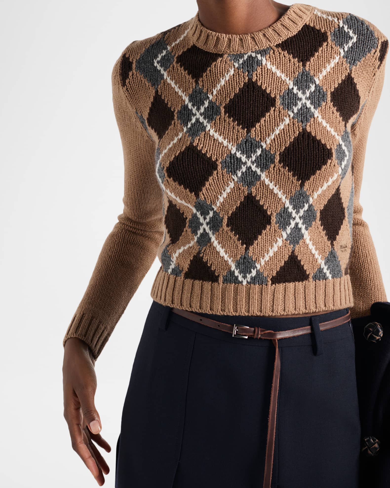Prada Cashmere Argyle Knit Crewneck Sweater | Neiman Marcus