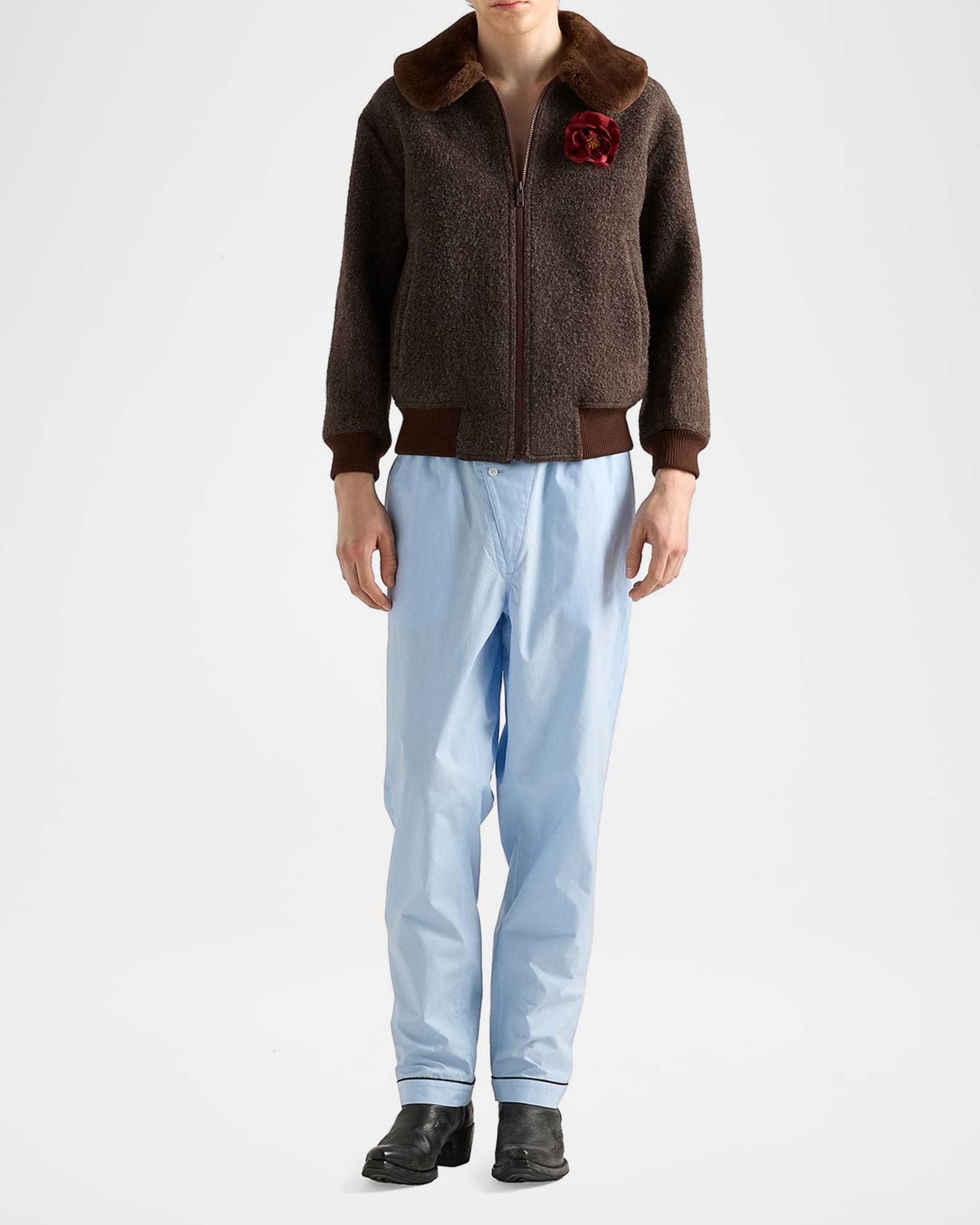 Prada Men's Wool Blouson Jacket With Sheep Shearling Collar