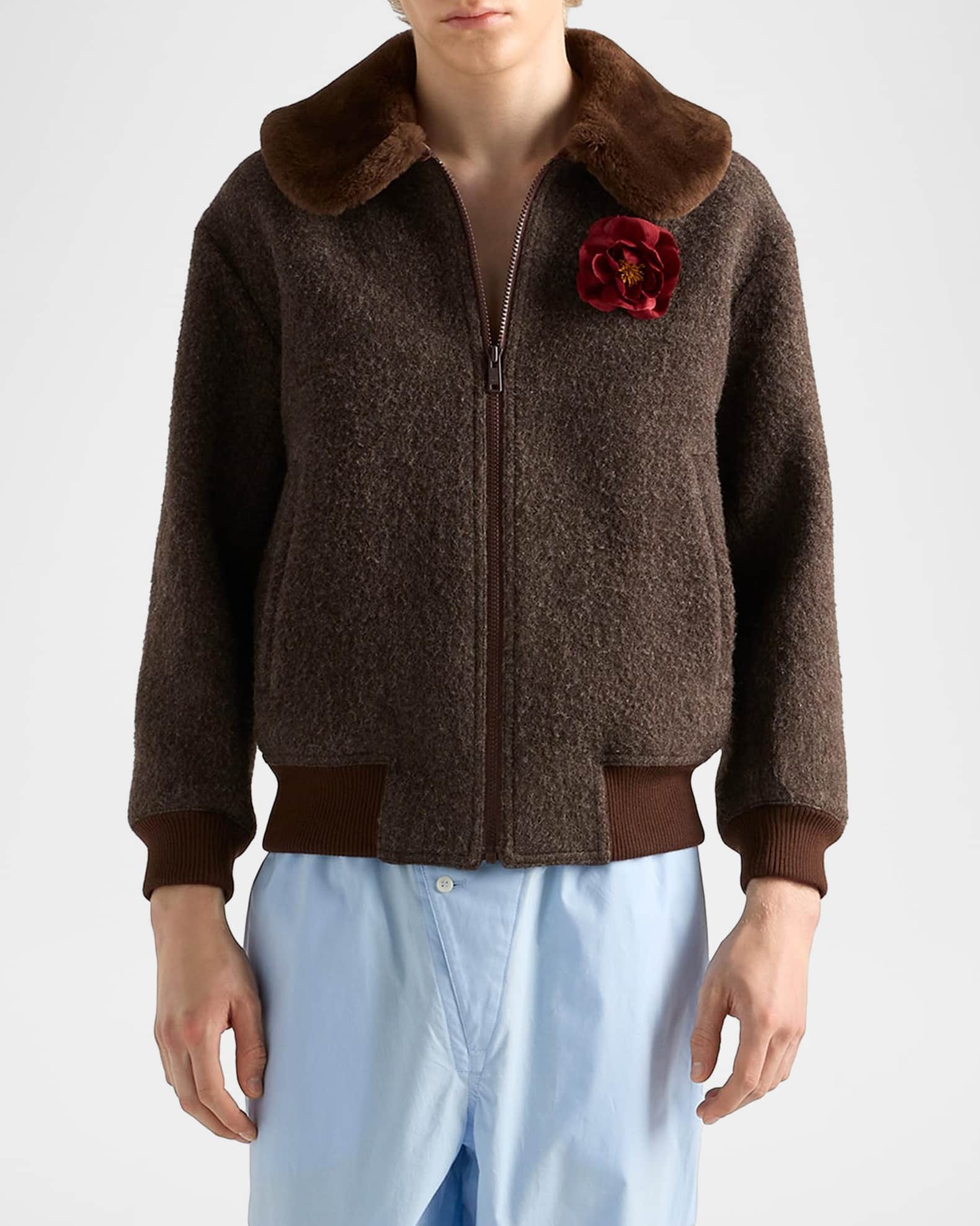 Prada Men's Wool Blouson Jacket With Sheep Shearling Collar