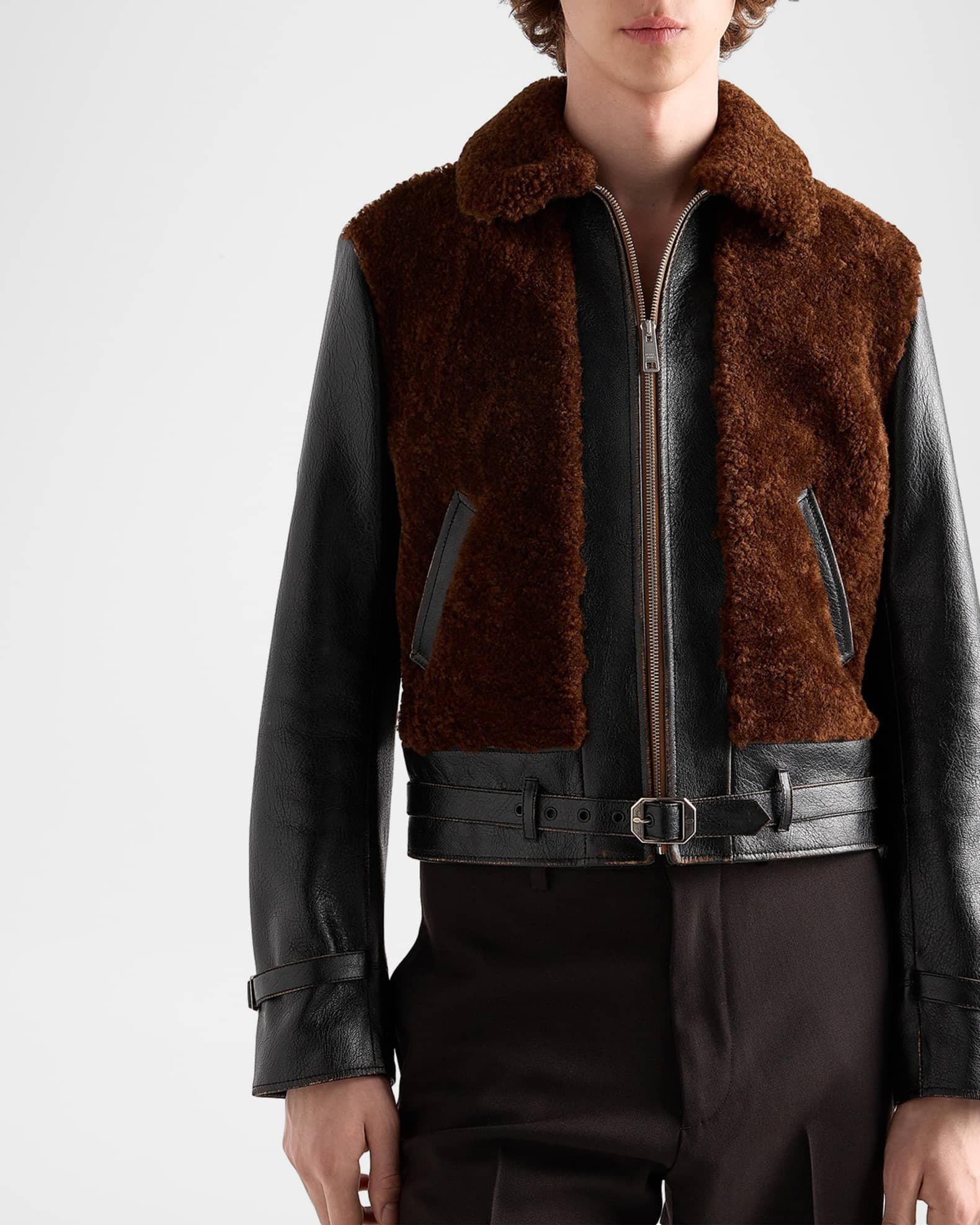 Prada Men's Leather And Sheep Shearling Belted Jacket | Neiman Marcus