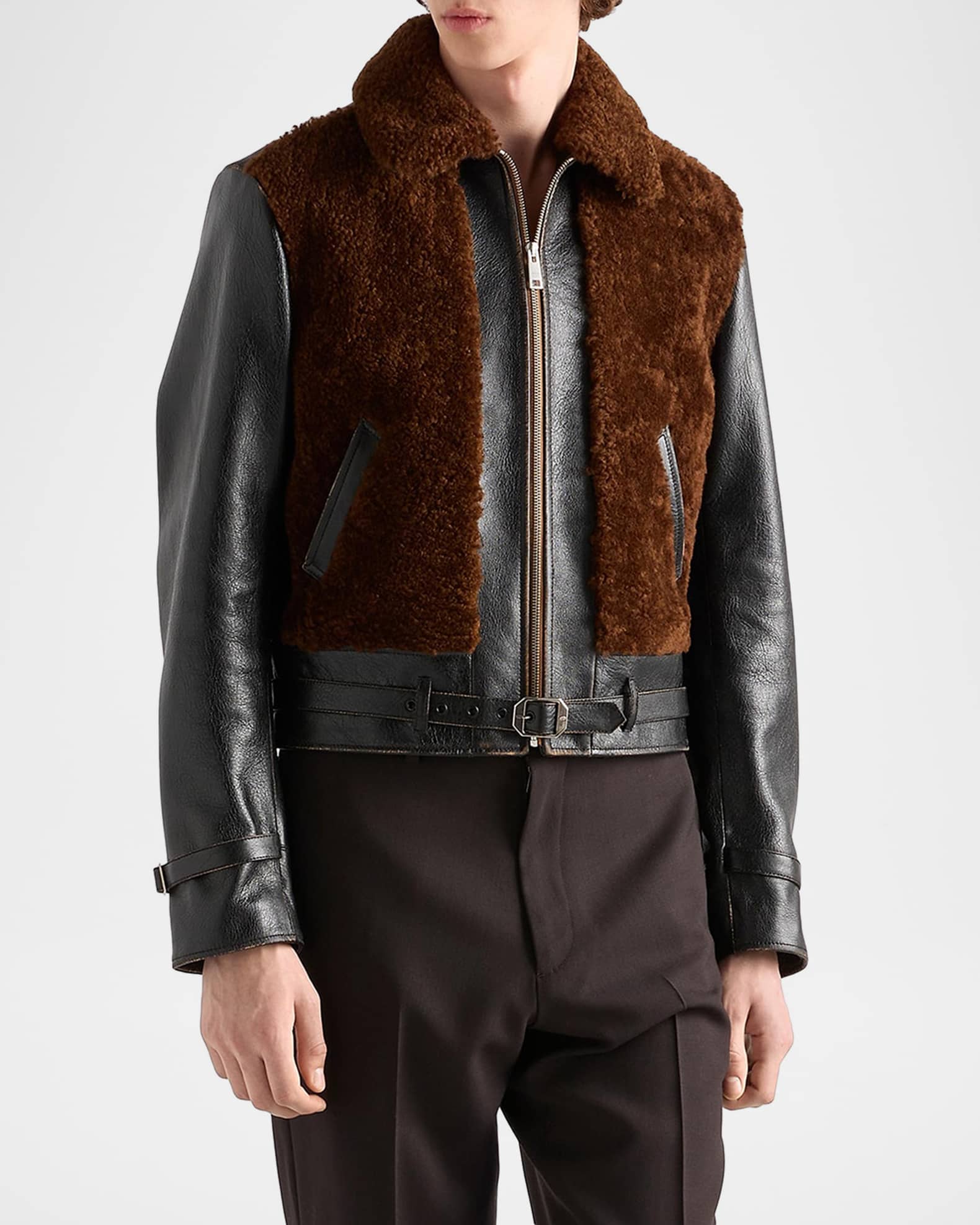 Prada Men's Leather And Sheep Shearling Belted Jacket | Neiman Marcus