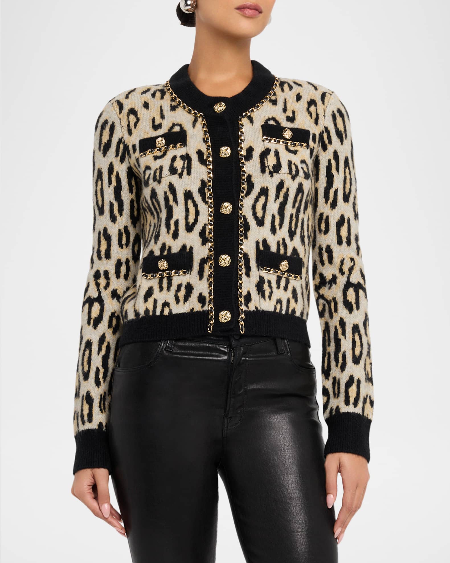 Generation Love Selma Leopard Chain-Trim Cardigan | Neiman Marcus