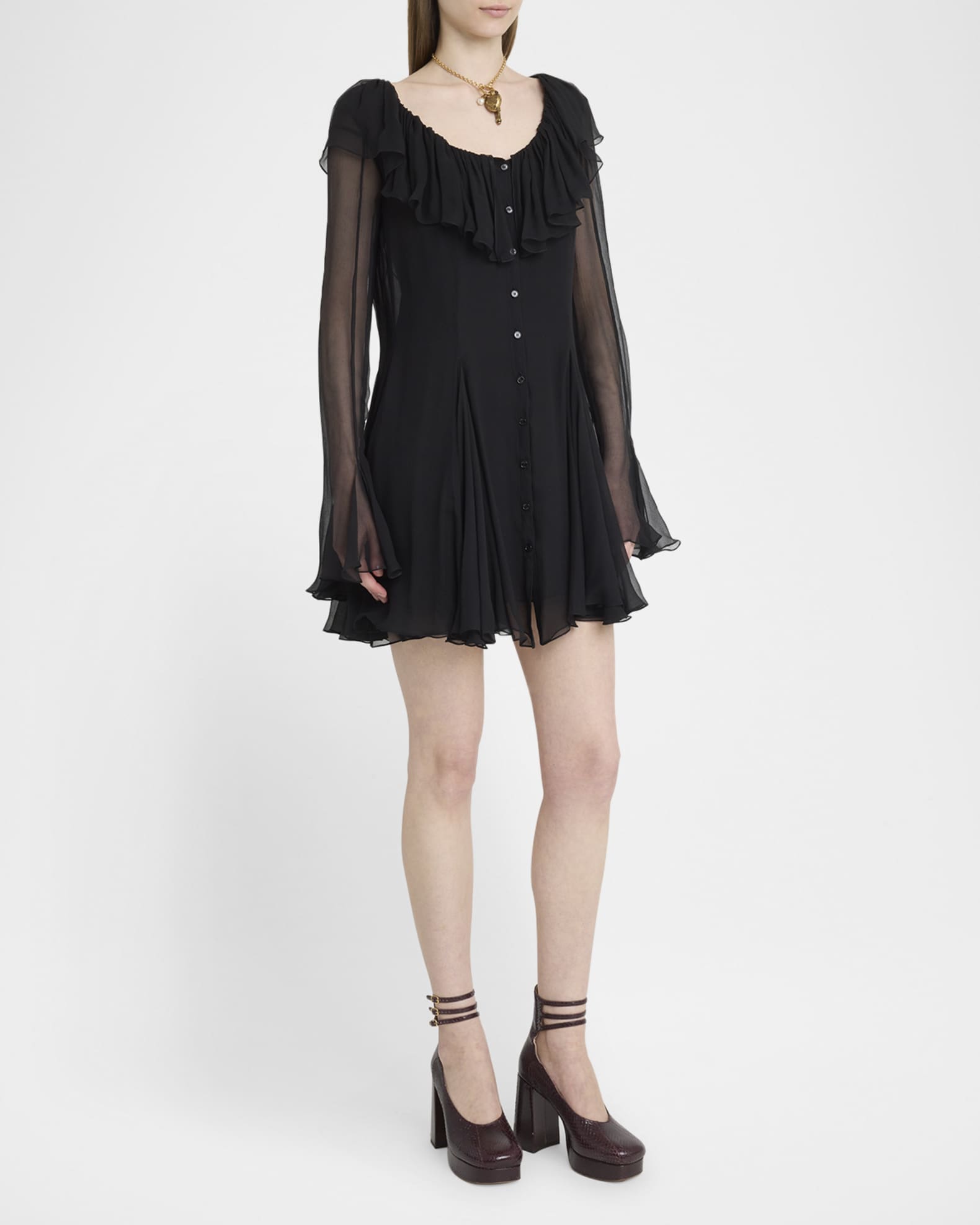 Chloe Ruffle Long-Sleeve Silk Mousseline Mini Dress | Neiman Marcus