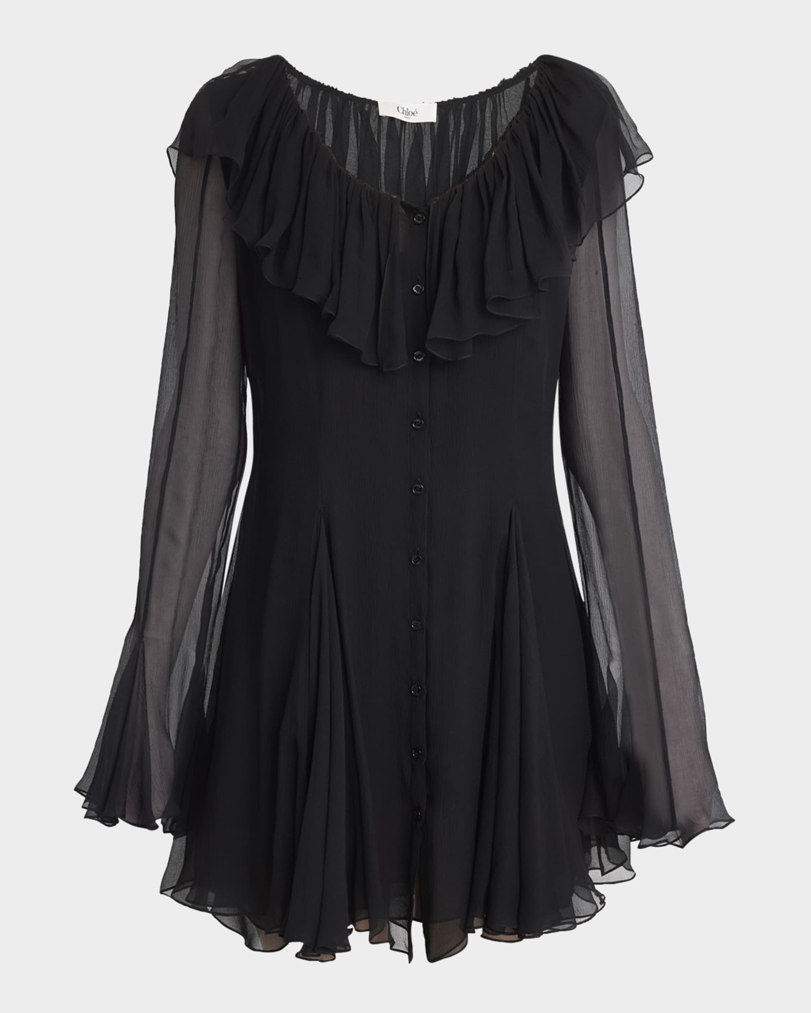 Chlo Ruffle Long-Sleeve Silk Mousseline Mini Dress - Black