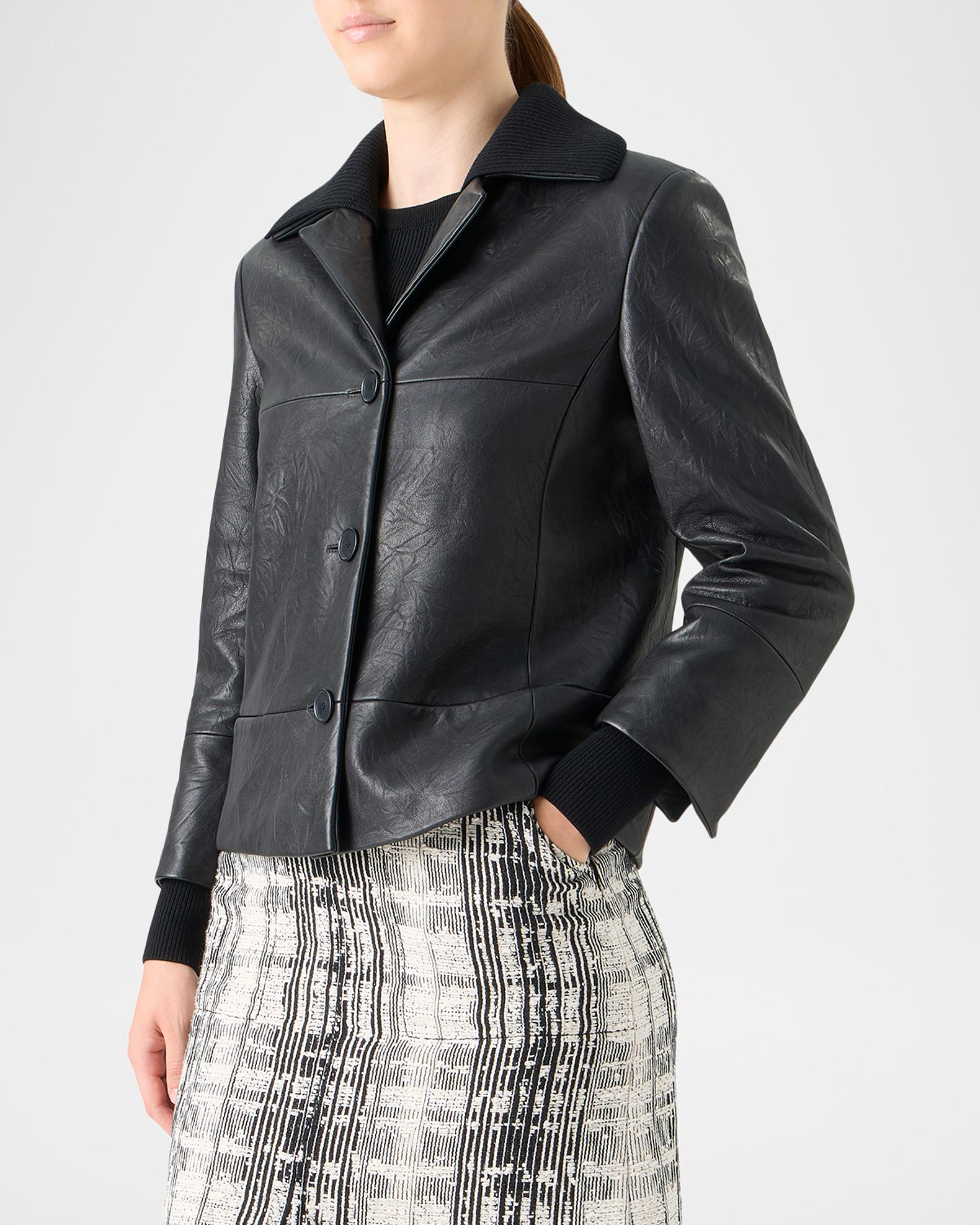 Akris punto Crinkled Leather Jacket With Detachable Knit Collar 