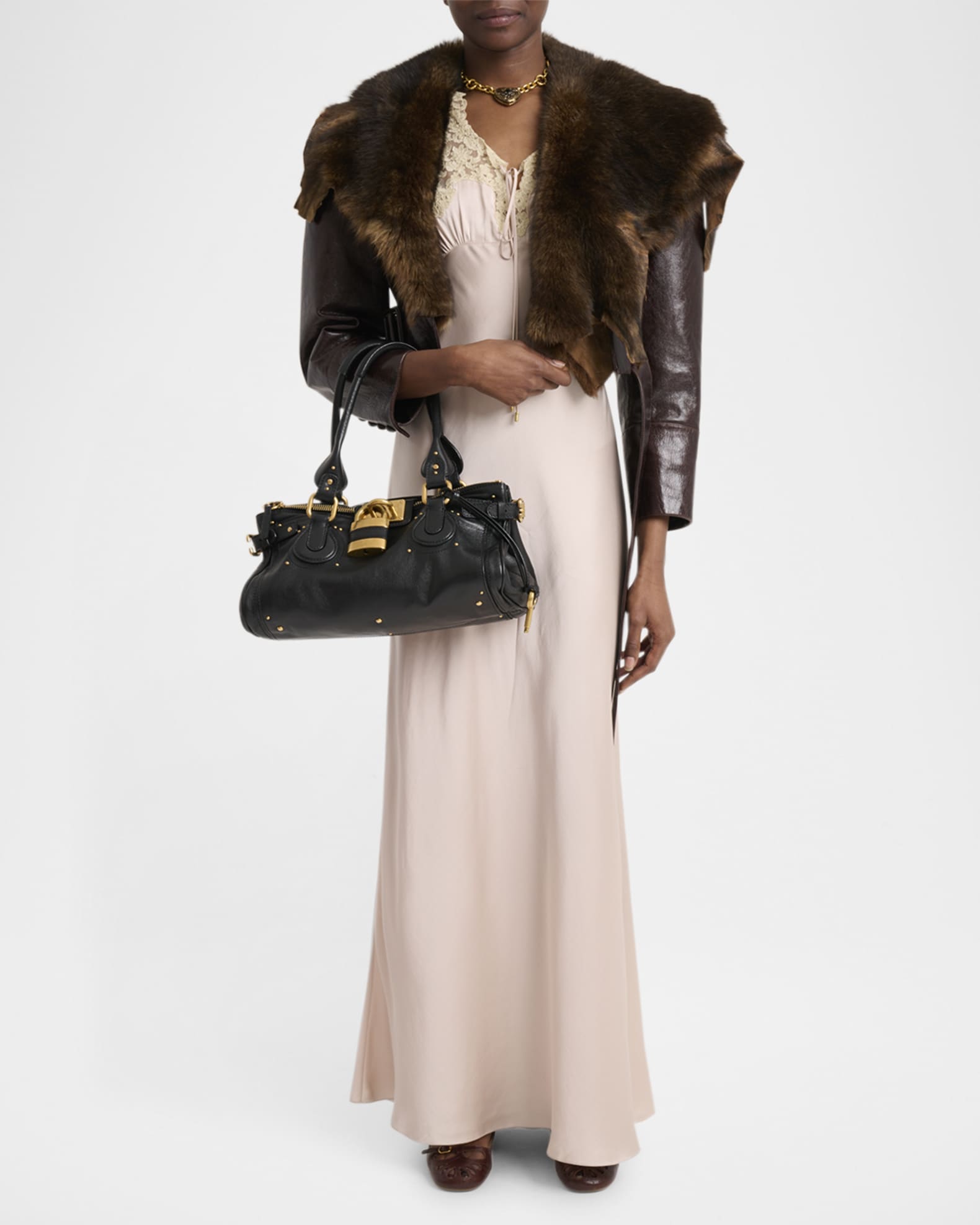 Chloe Shiny Leather Crop Moto Jacket With Removable Lamb Shearling