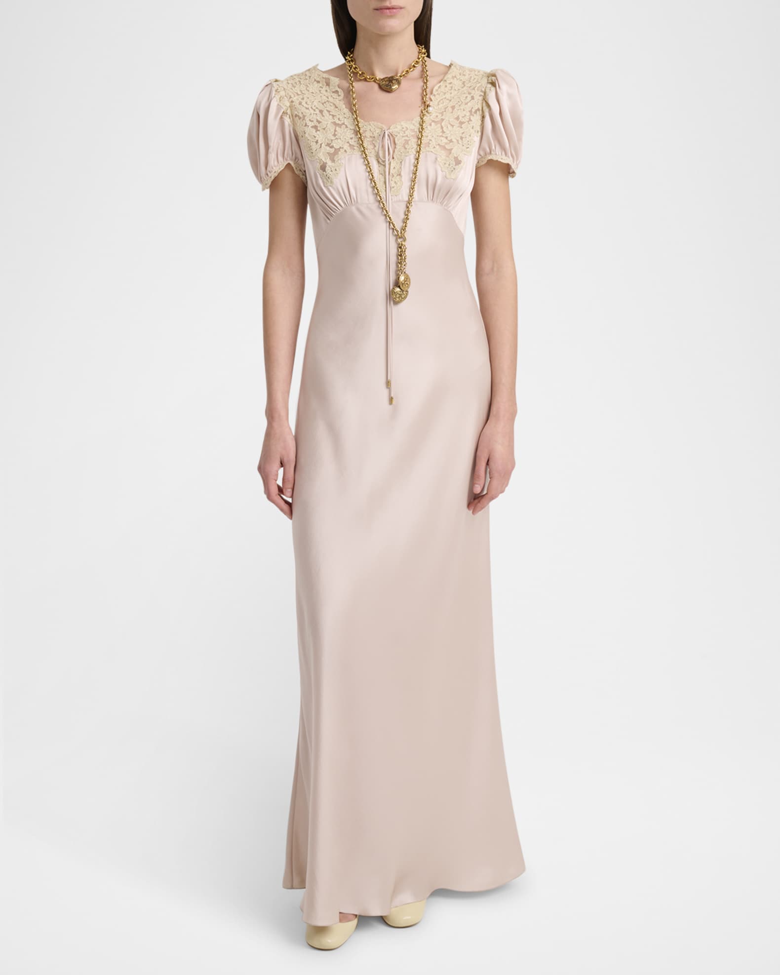Chloe Lace-Trim Silk Puff-Sleeve Maxi Dress | Neiman Marcus