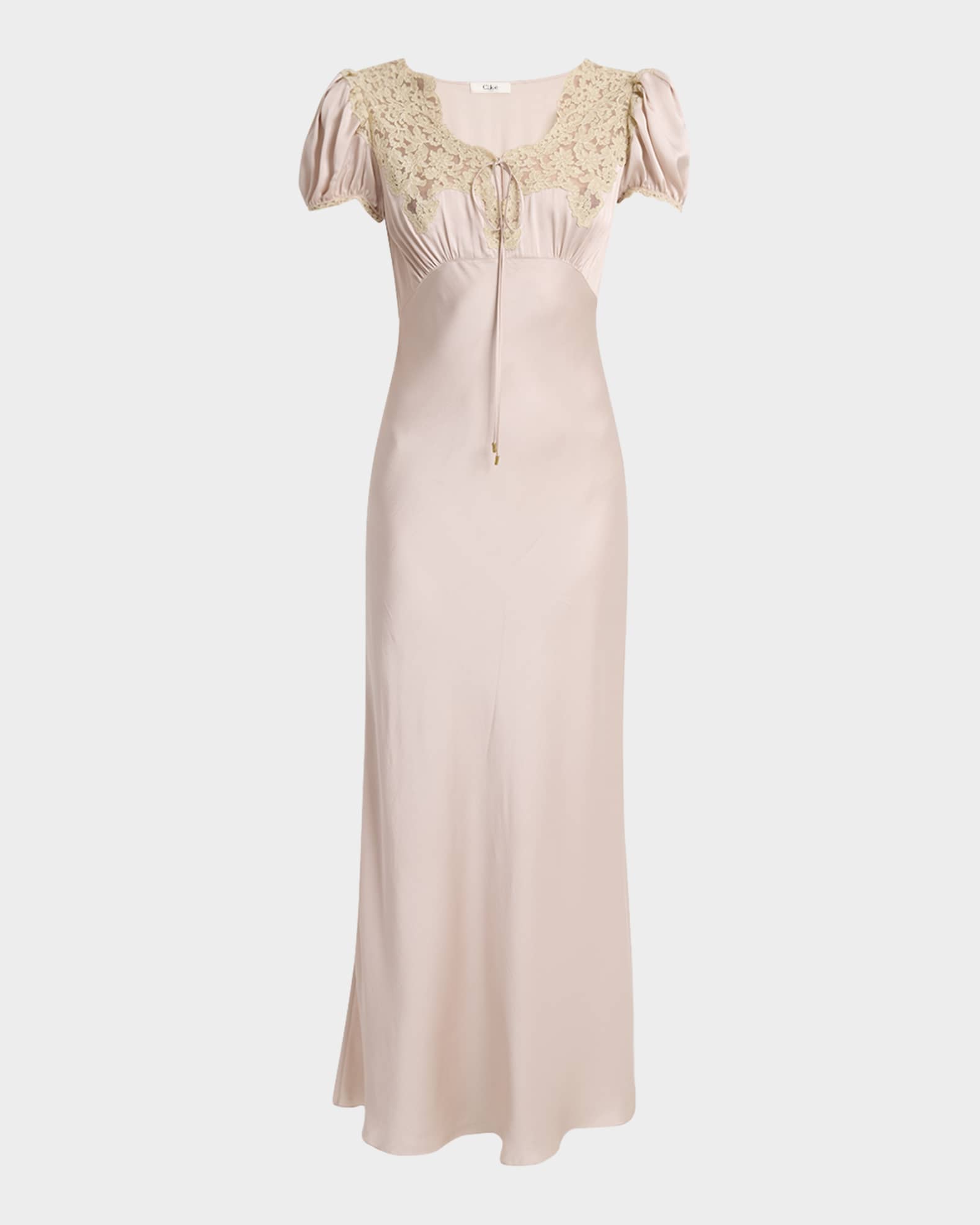 Chloe Lace-Trim Silk Puff-Sleeve Maxi Dress | Neiman Marcus