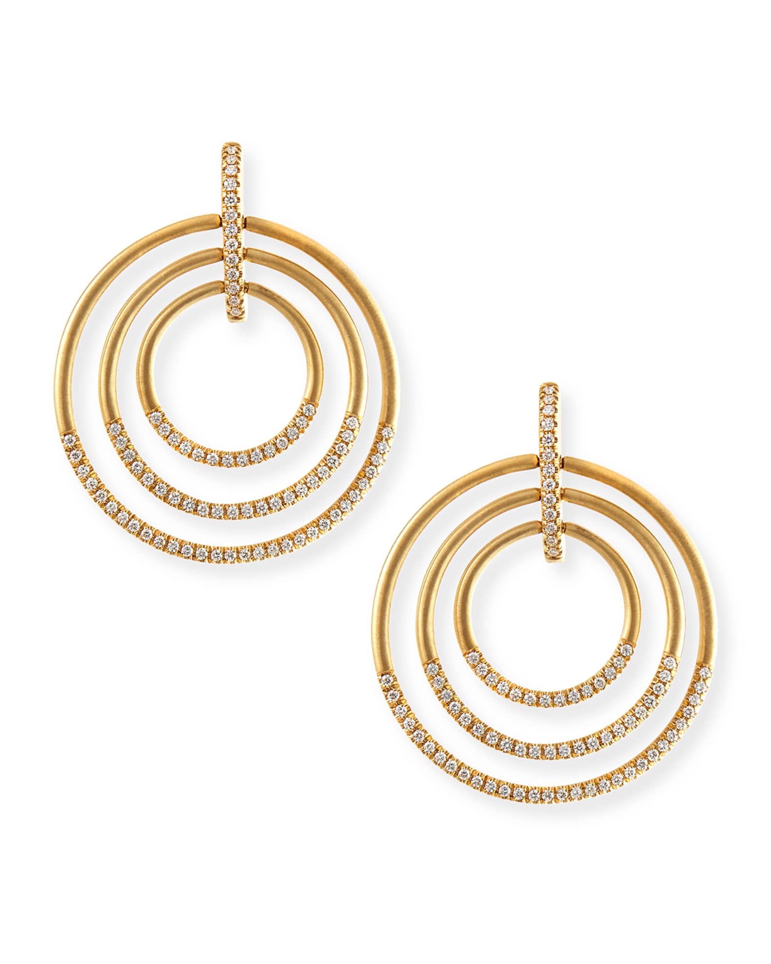 Carelle 18k Moderne 3-Ring Pave Diamond Earrings, 1 1/2