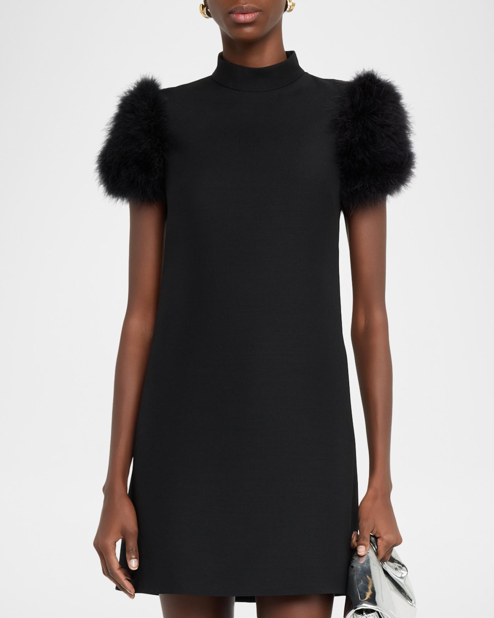 Valentino Garavani Feather-Sleeve Mock-Neck Mini Dress | Neiman Marcus