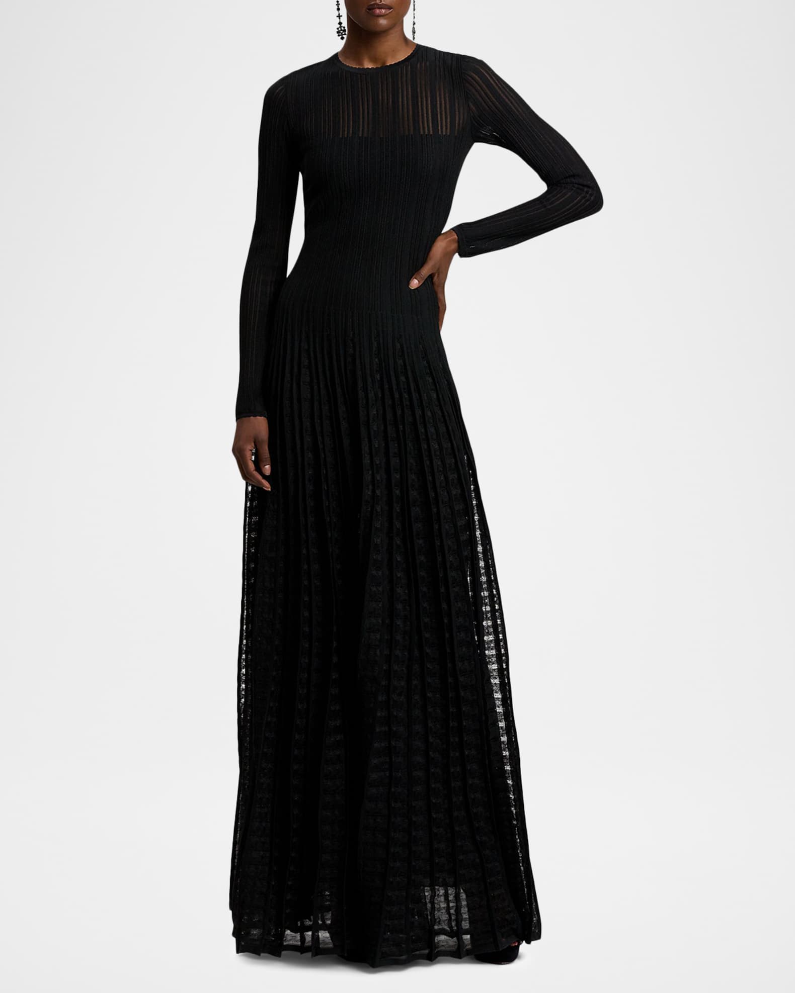 Long-Sleeve Striped Knit Gown