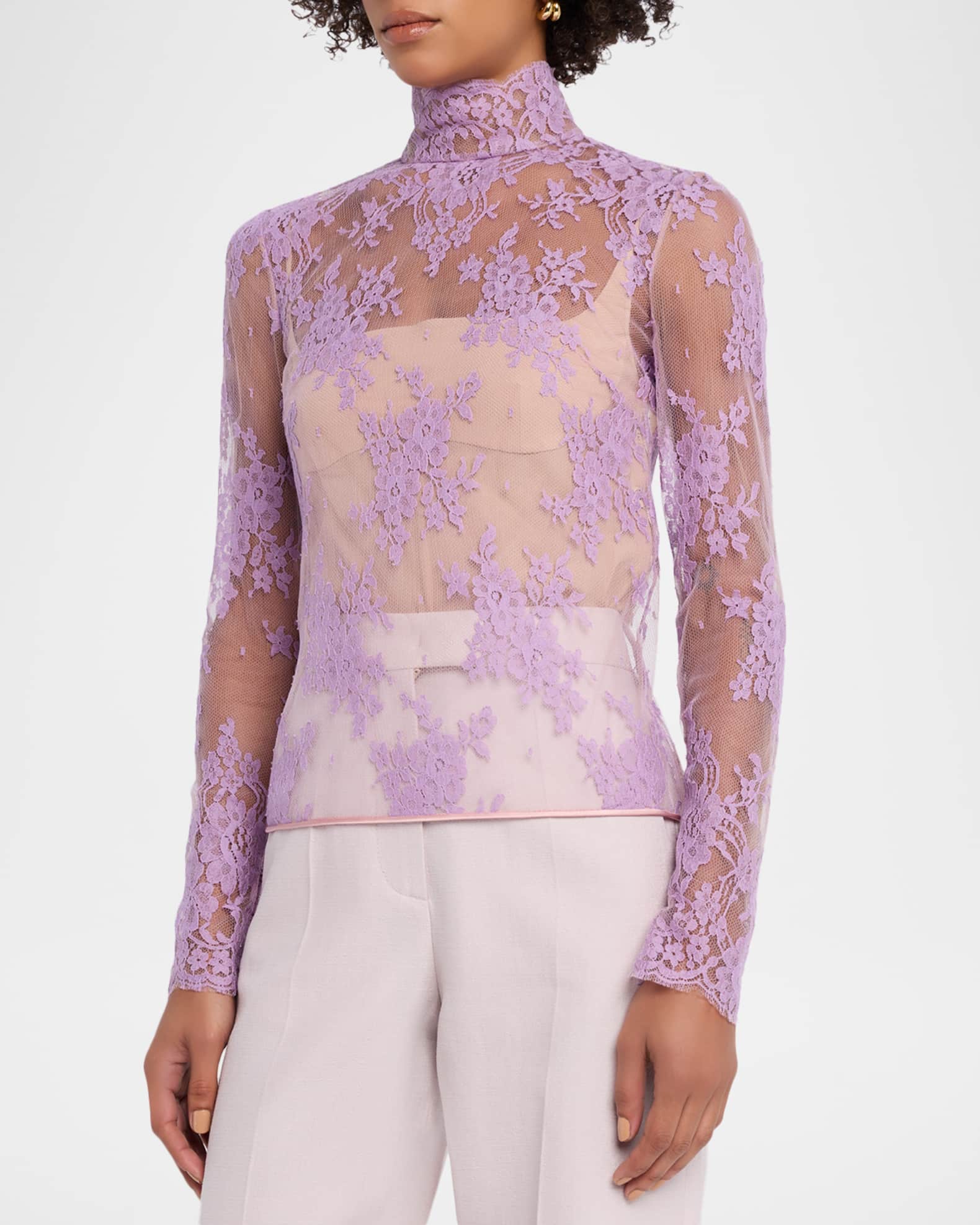 Valentino Garavani Mock-Neck Sheer Lace Long-Sleeve Top | Neiman