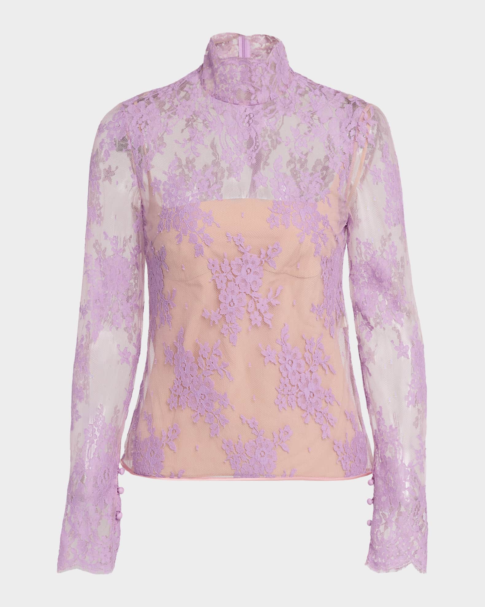 Valentino Garavani Mock-Neck Sheer Lace Long-Sleeve Top | Neiman