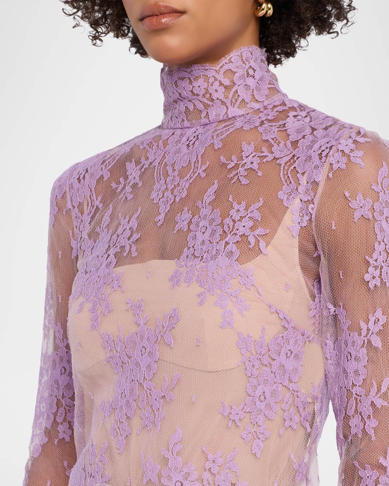 Valentino Garavani Mock-Neck Sheer Lace Long-Sleeve Top | Neiman