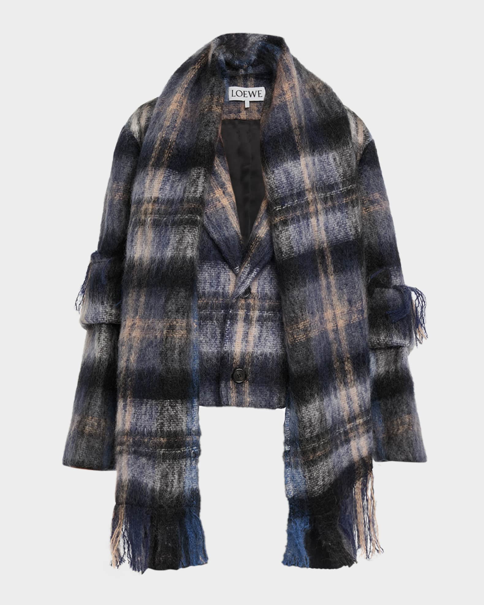 Loewe Check Alpaca Fringe Scarf Jacket | Neiman Marcus