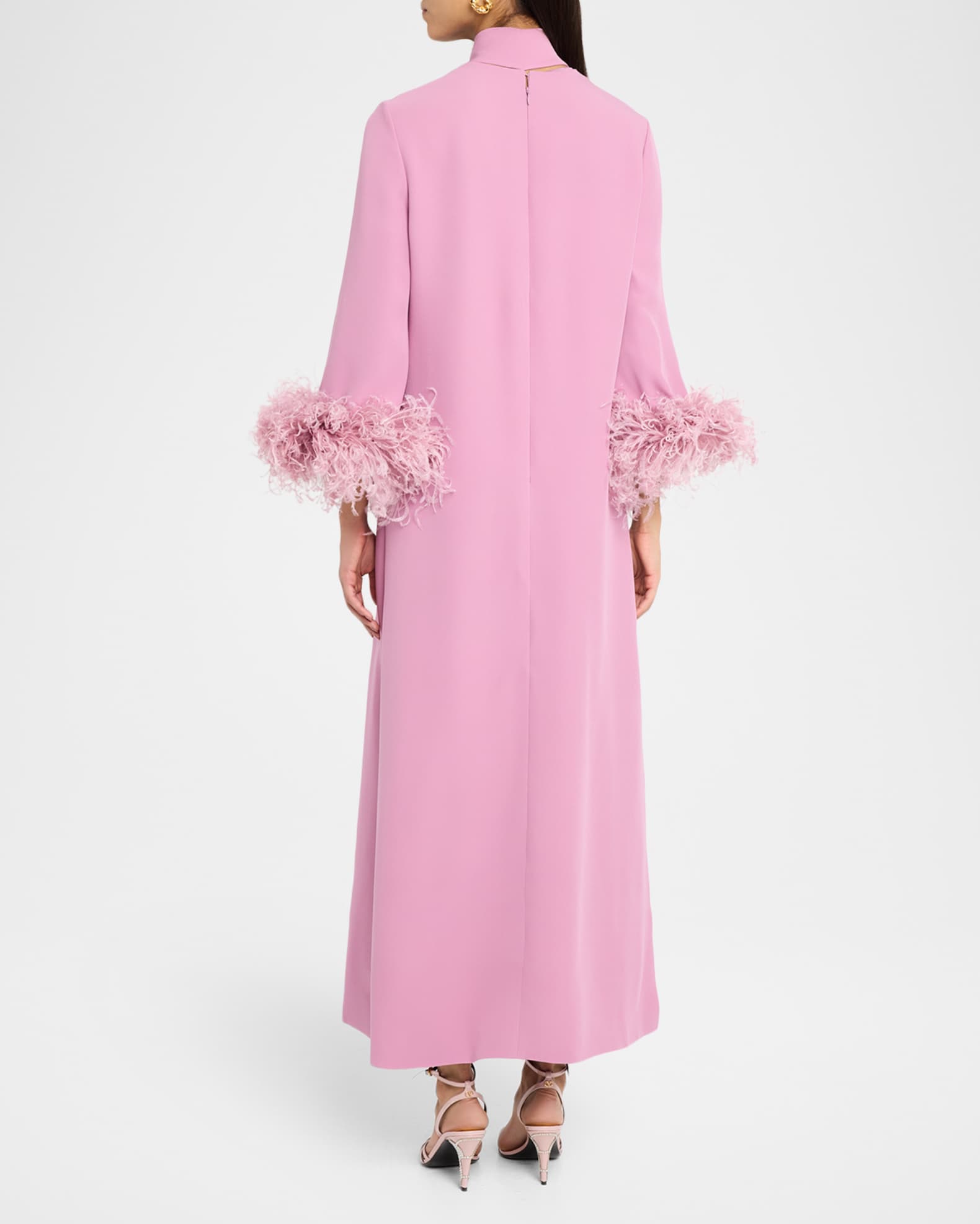 Valentino Garavani Feather-Trim Silk Crepe Long-Sleeve Midi Dress