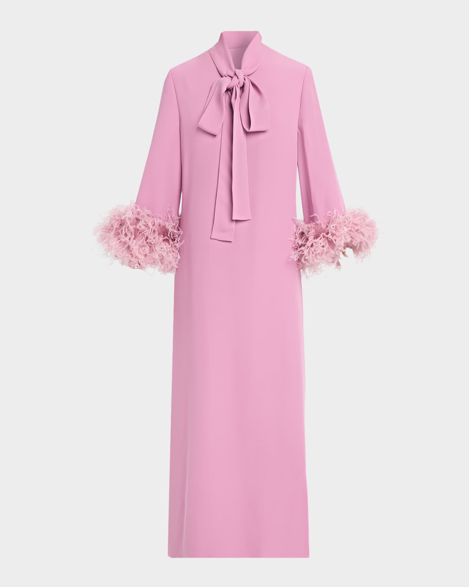 Valentino Garavani Feather-Trim Silk Crepe Long-Sleeve Midi Dress