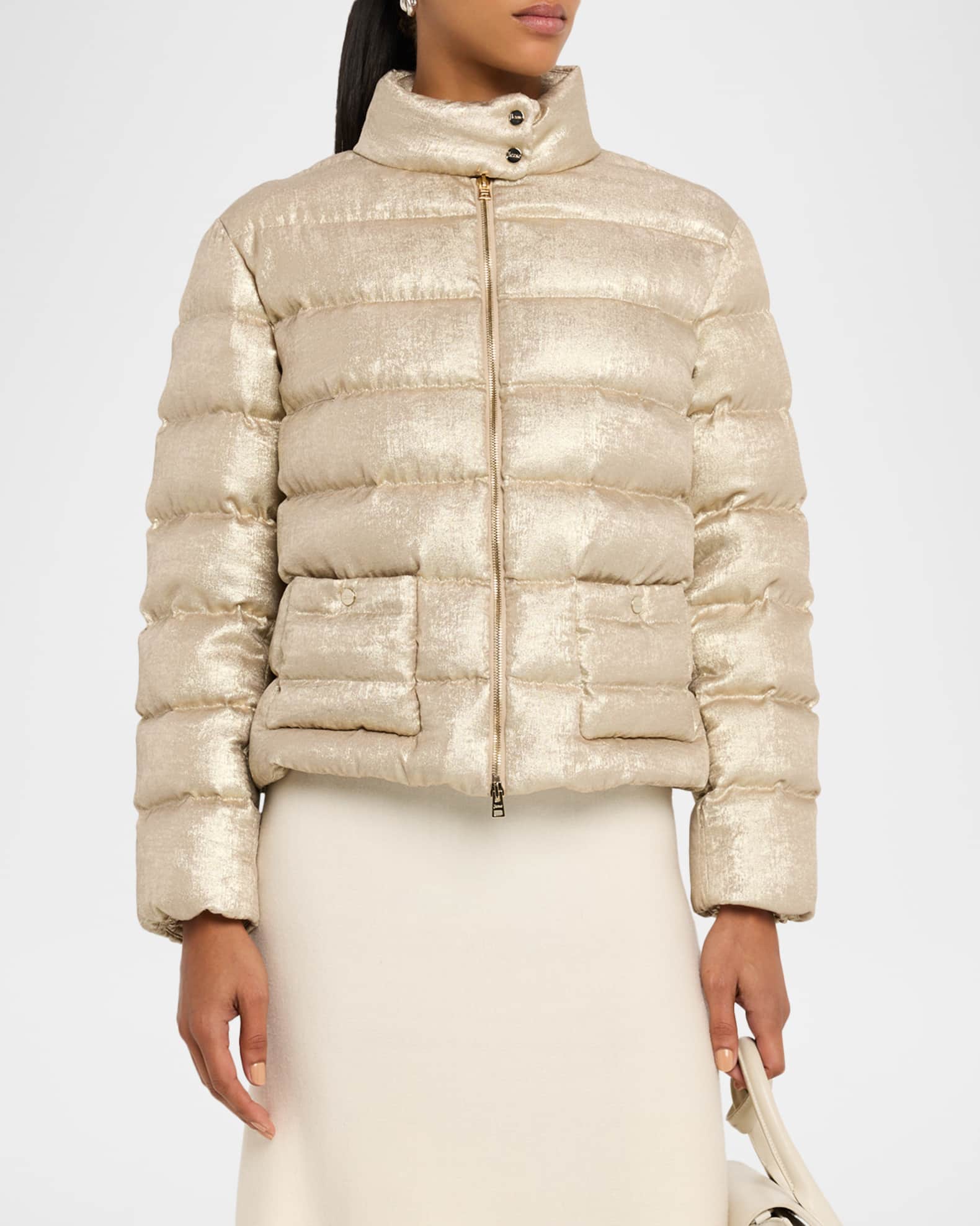 Herno ショート丈ゴールドダウン Herno Metallic Short Down Puffer Jacket | Neiman Marcus