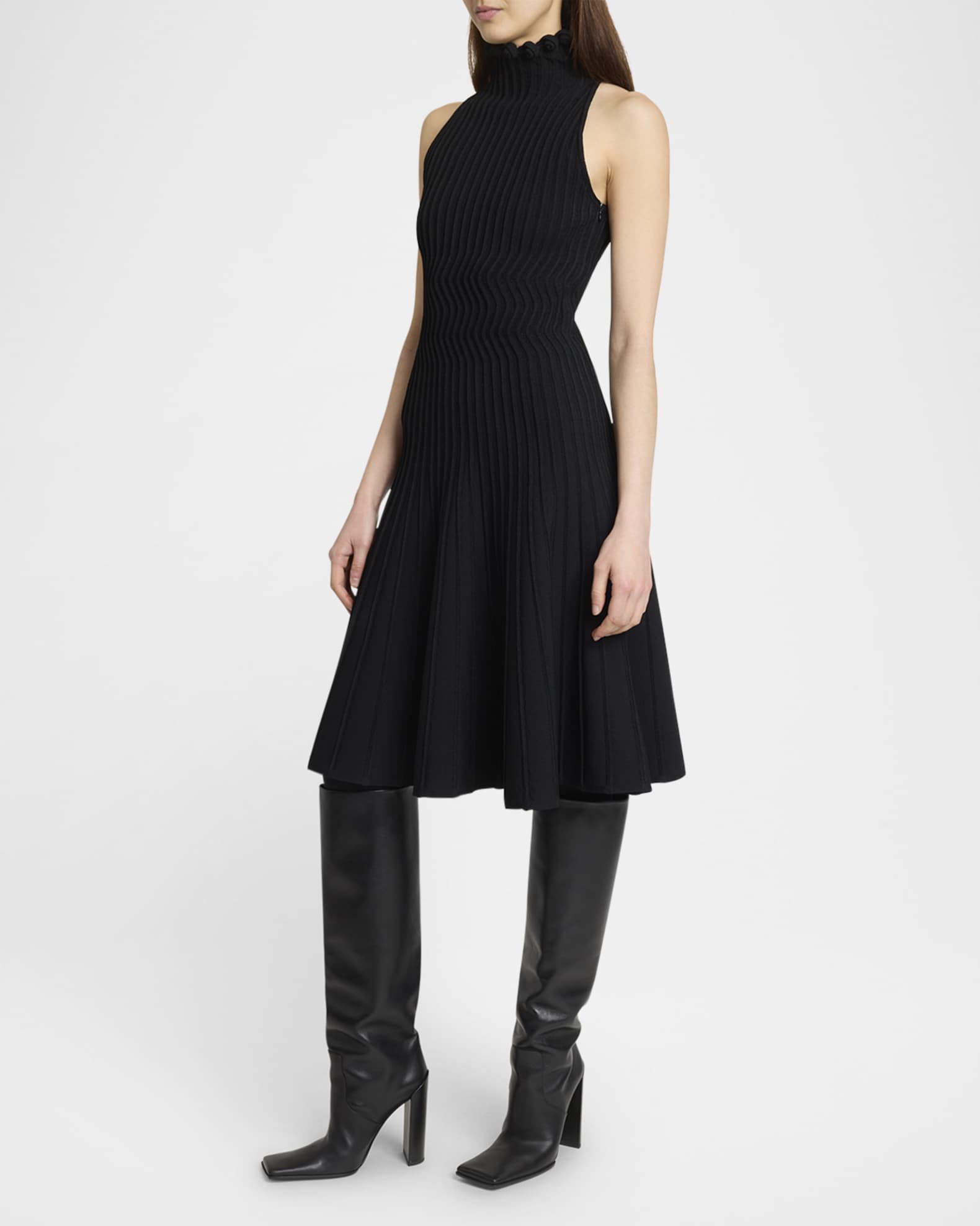 ALAA Black Ribbed Knit Curled High Neck Dress size 6