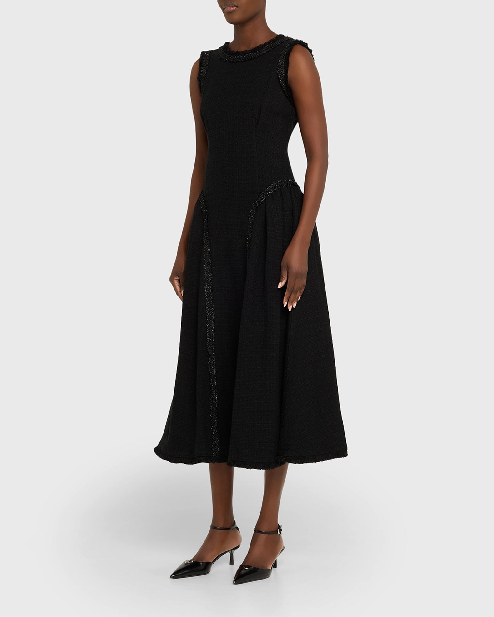 boucle dress midi Strapless Boucle Fitted Midi Dress With 3D Flowers (Women)