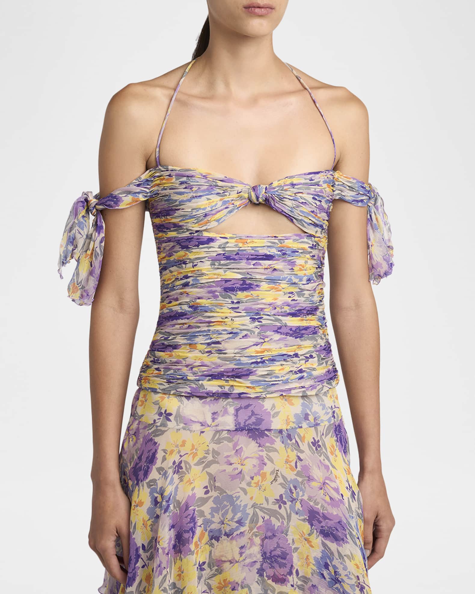 Valentino Garavani Off-The-Shoulder Ruched Floral Silk Cutout Top