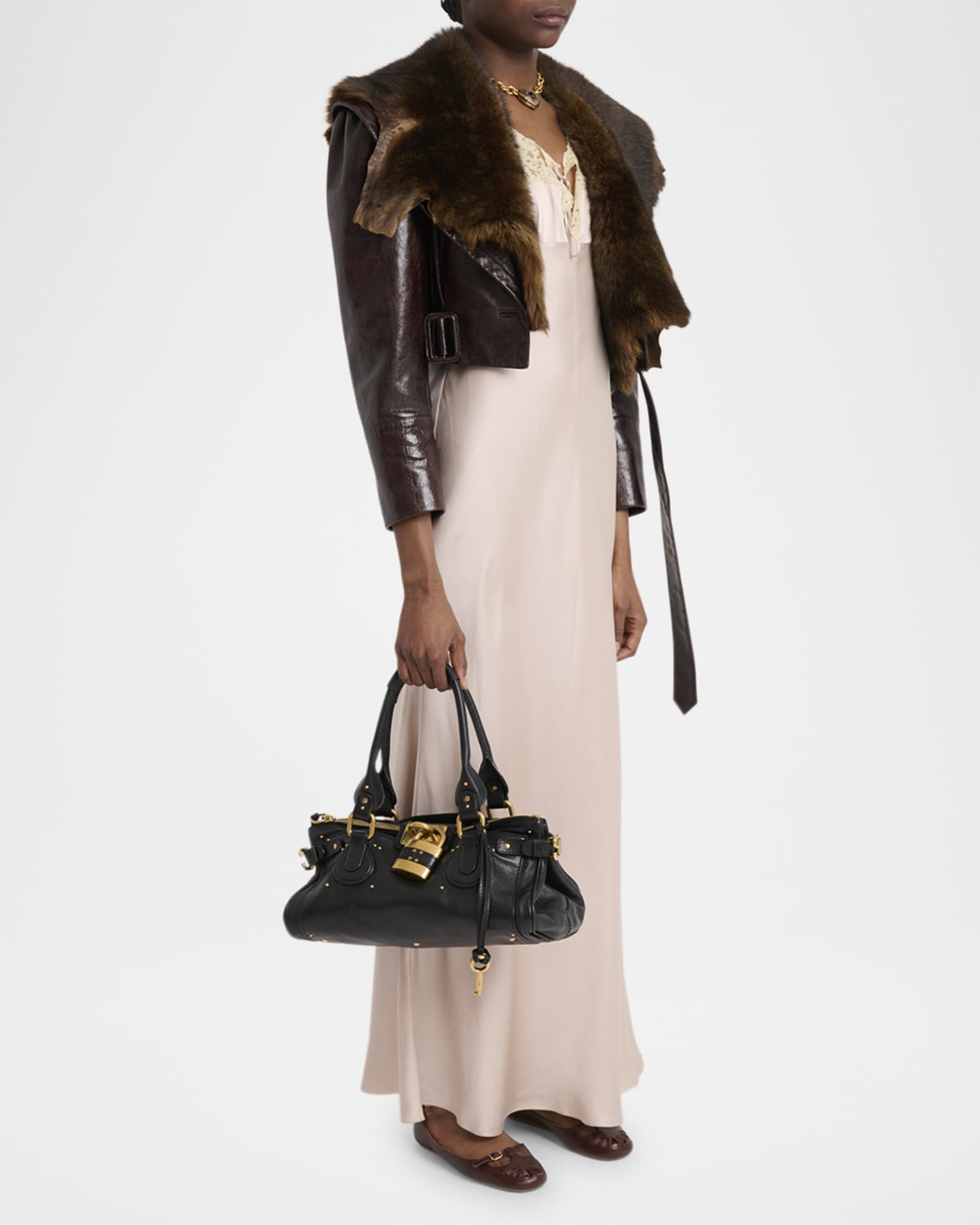 バッグ Chloe Paddington Handbag Padlock Leather Chloé Paddington Padlock Studded Tote Bag | Brown | FARFETCH GE