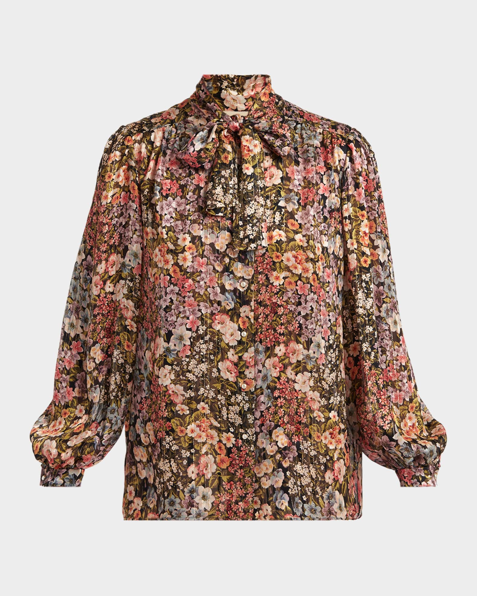Valentino Garavani Floral Metallic Crinkle Satin Bow-Neck Blouse