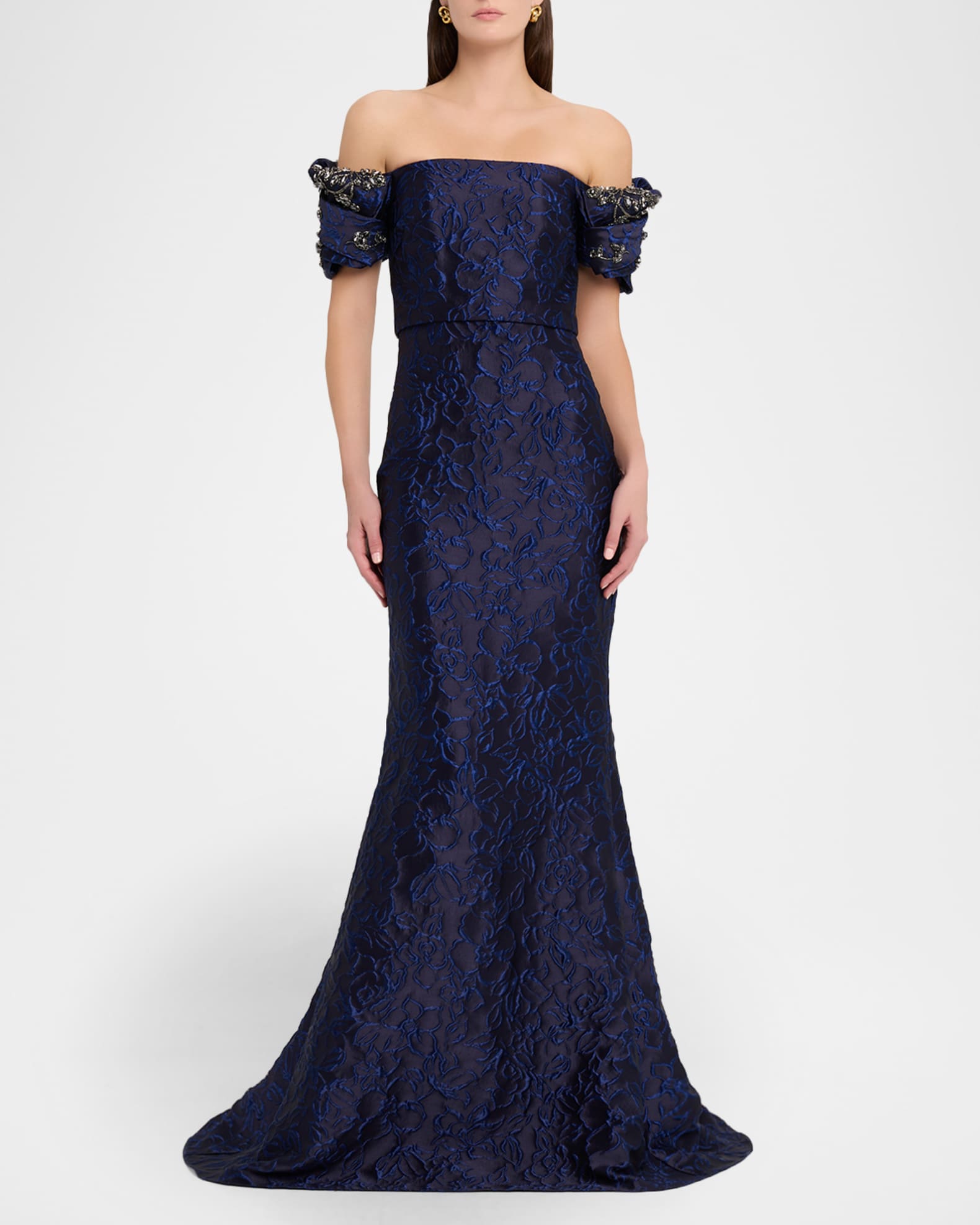 Badgley Mischka Beaded Off-Shoulder Jacquard Trumpet Gown