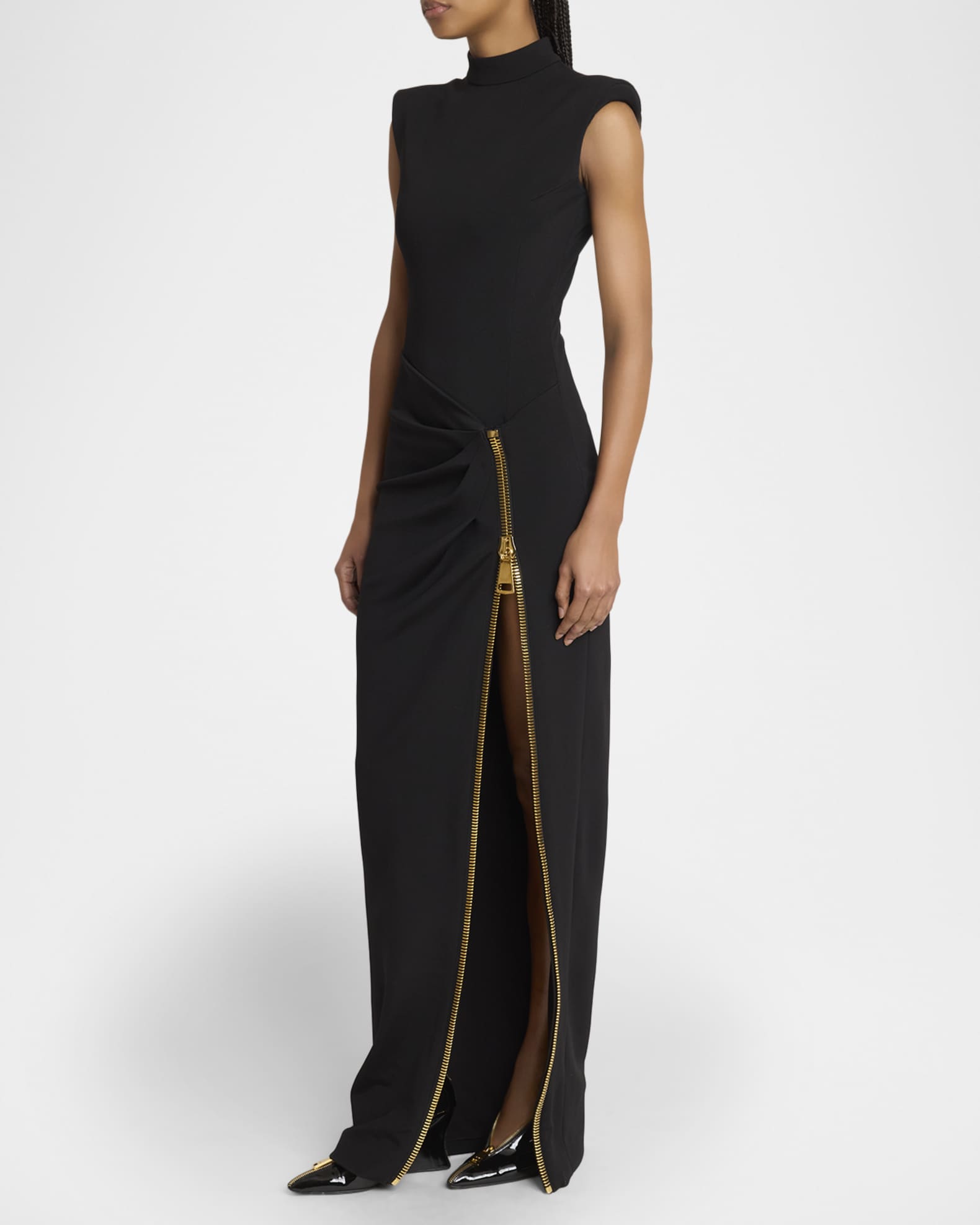 Balmain Mock-Neck Zip Slit Sleeveless Gown | Neiman Marcus