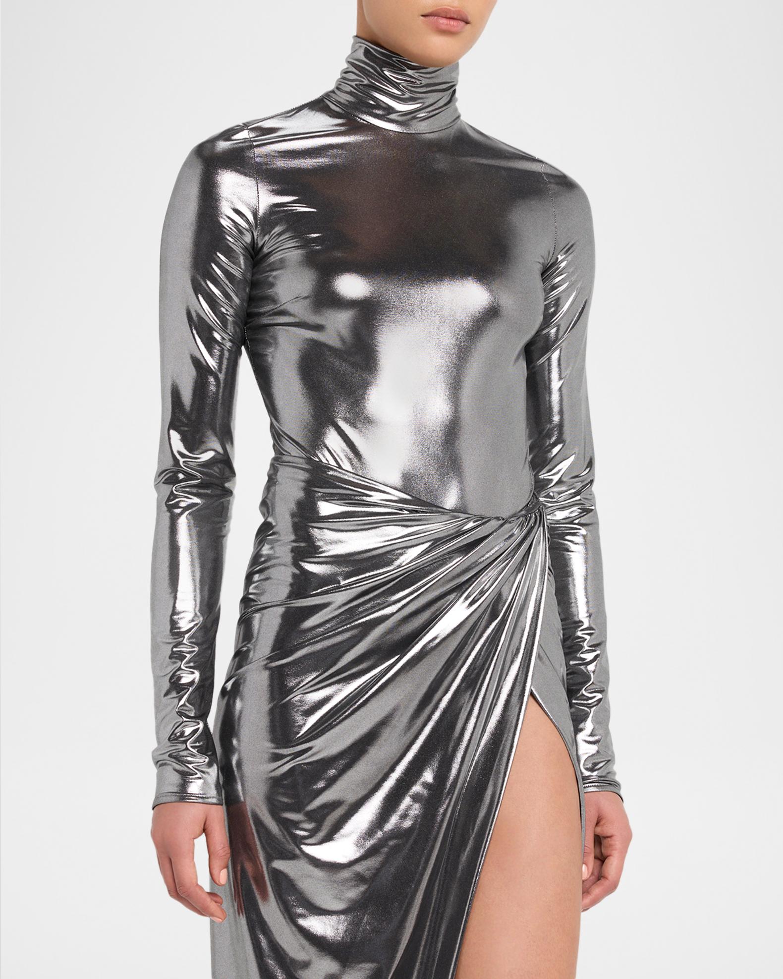 LaQuan Smith Mock-Neck Shiny Jersey Long-Sleeve Bodysuit | Neiman 
