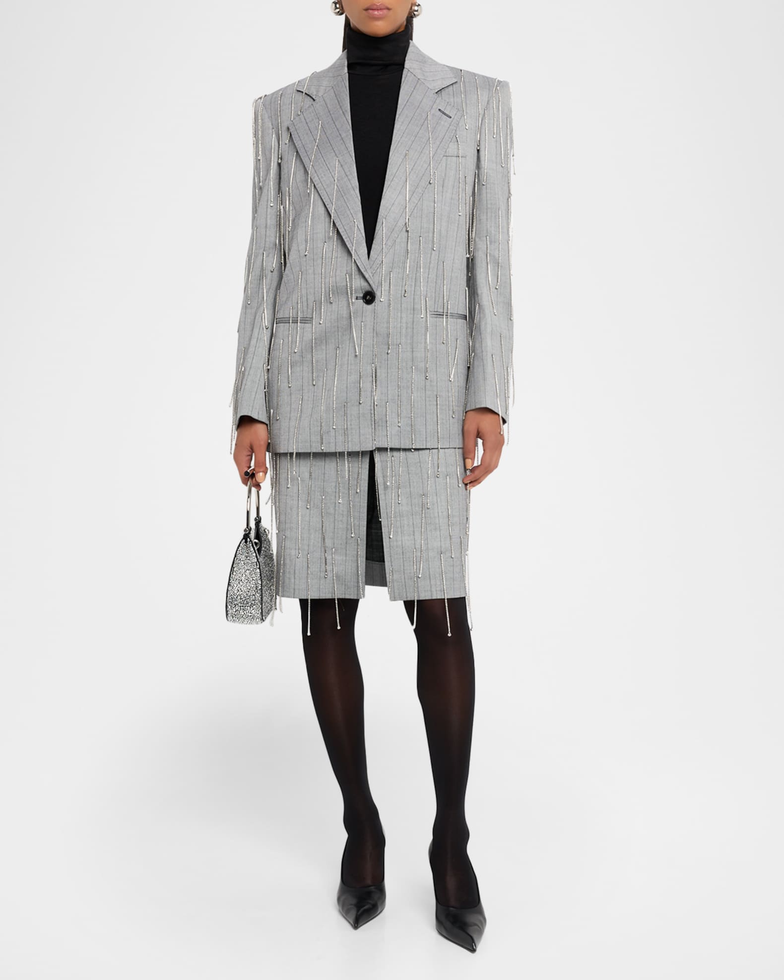 Stella McCartney Pinstripe Rhinestone Embroidered Oversized Blazer